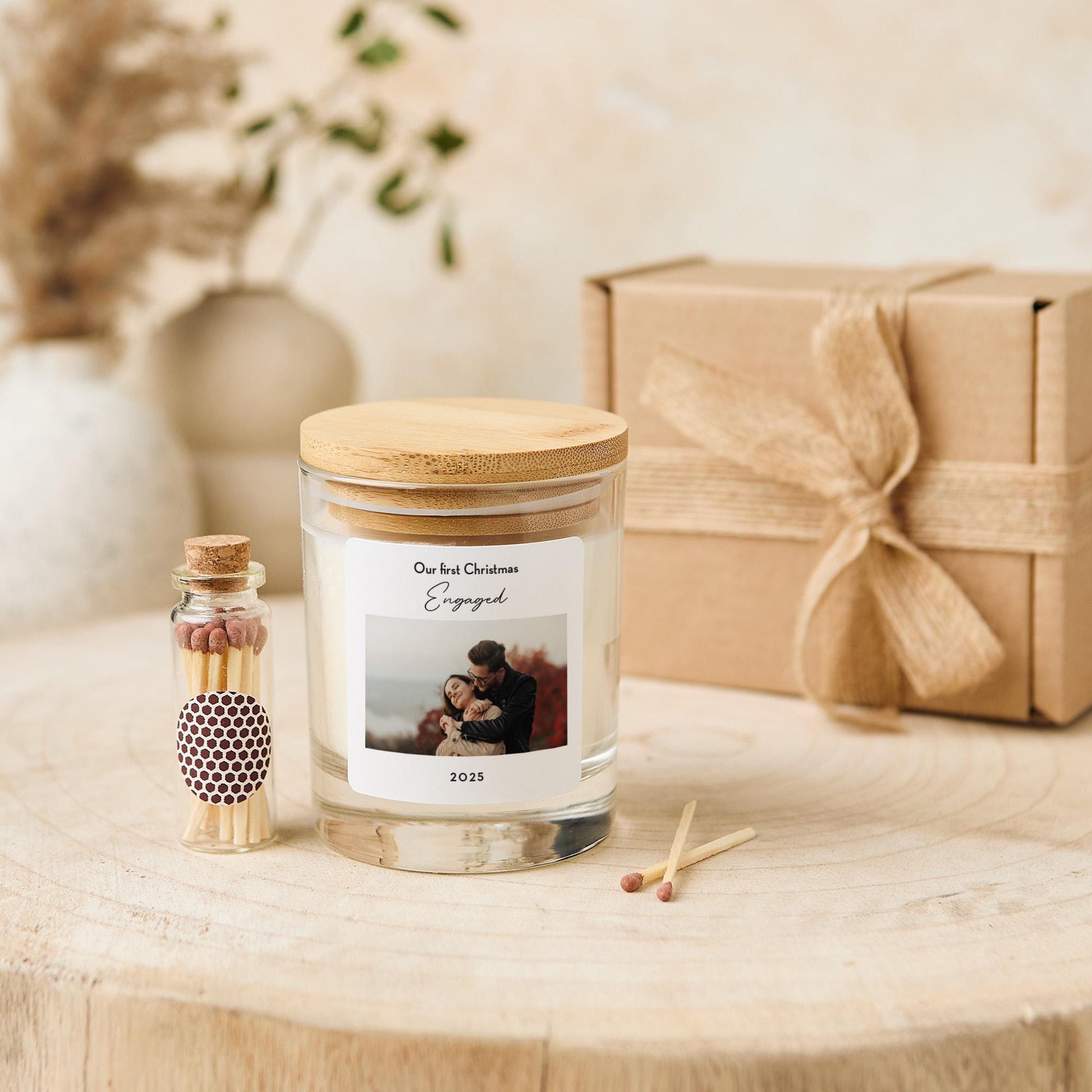 Personalised First Christmas Engaged Candle Gift with Photo 1st Xmas Engagement Gift for Fiancee Fiance