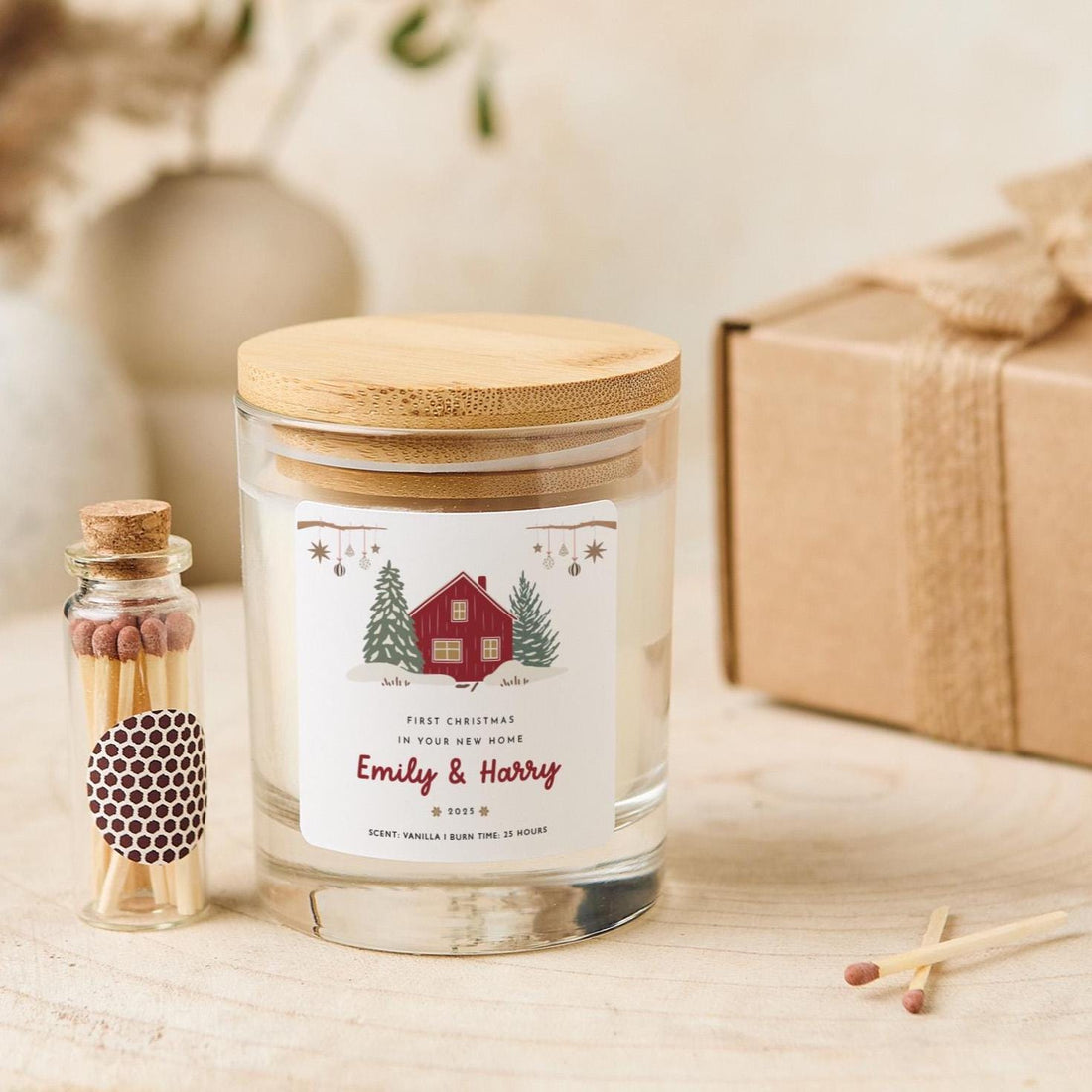 Personalised First Christmas in New Home Candle Gift Vegan Soy Wax Free Gift Package and Mini Matches Jar