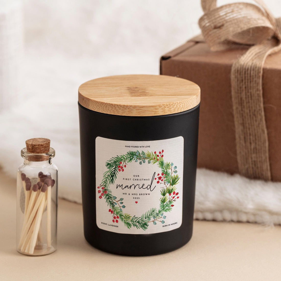 Personalised First Christmas Married Candle Gift for Husband Wife Custom Newlywed Keepsake with Name & Year Vegan Soy Wax Free Gift Package