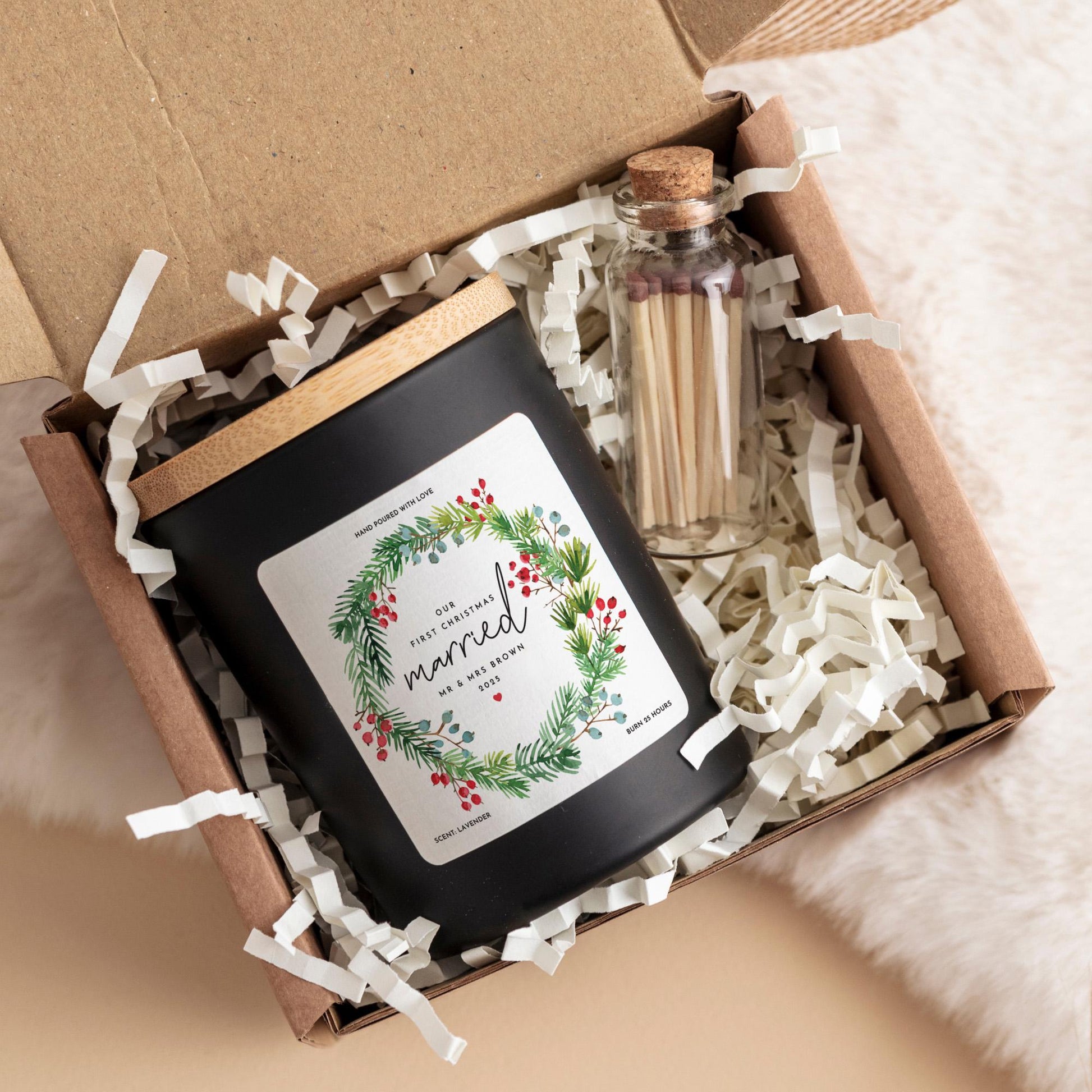Personalised First Christmas Married Candle Gift for Husband Wife Custom Newlywed Keepsake with Name & Year Vegan Soy Wax Free Gift Package