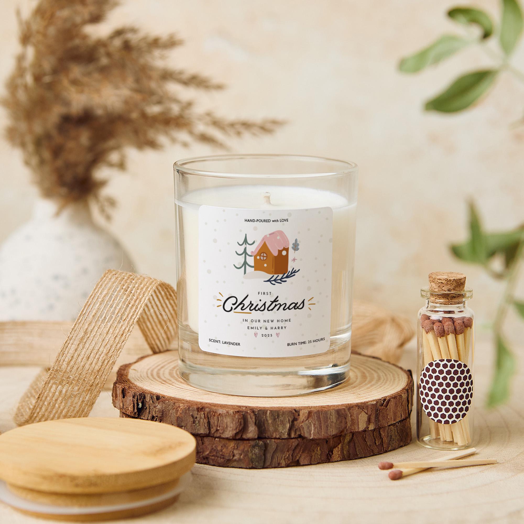 Personalised First Christmas New Home Candle Gift Cosy Winter House Design Keepsake for Couples Friends or Family Holiday Present