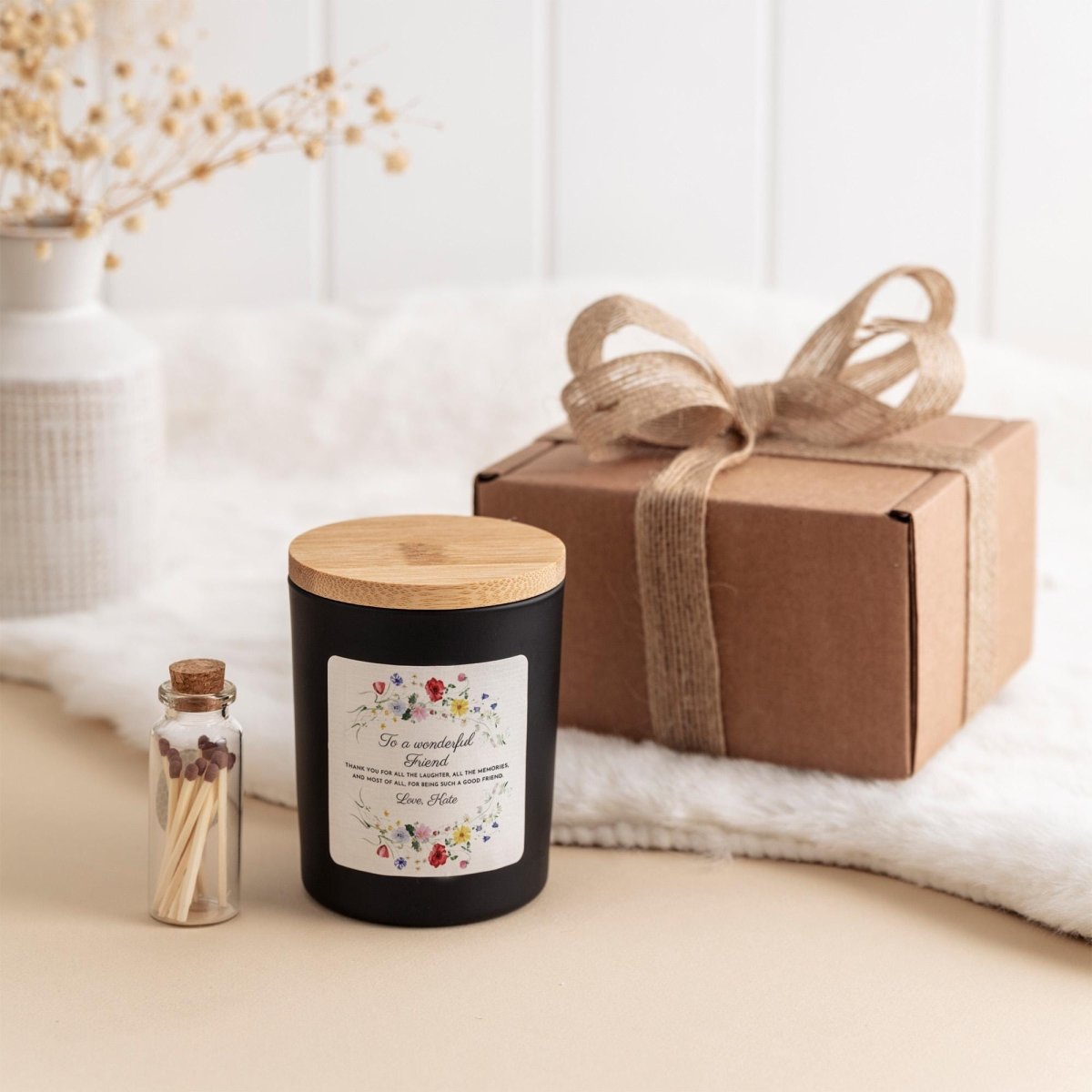 Personalised Friend Candle Gift with Ribboned box and Matches Jar, Floral Christmas Birthday Keepsake