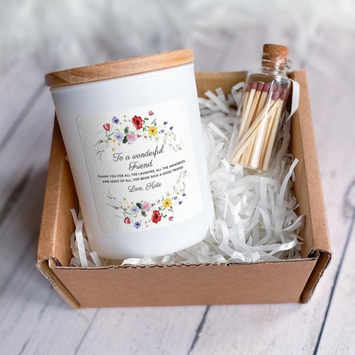 Personalised Friend Candle Gift with Ribboned box and Matches Jar, Floral Christmas Birthday Keepsake