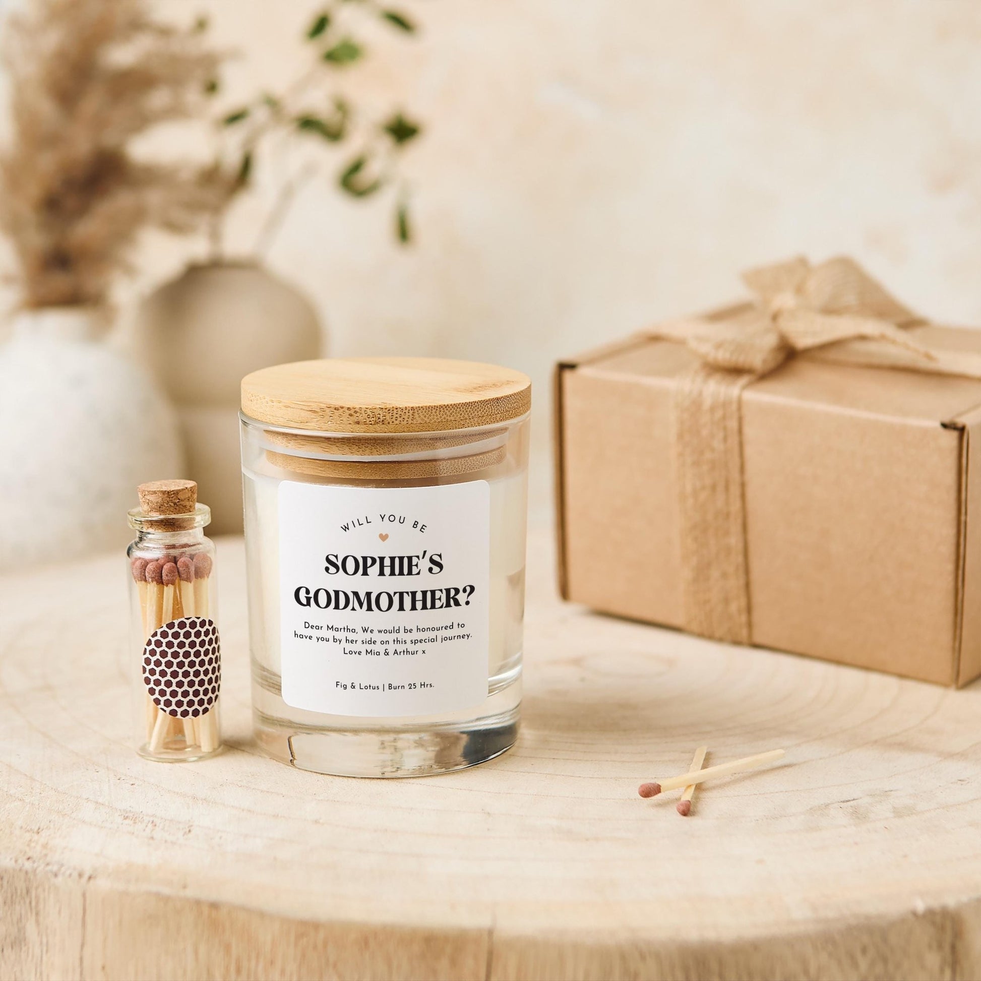 Personalised Godmother Proposal Scented Candle Gift Set Keepsake for Godparent on Christening Thank You Appreciation Gift And Matches