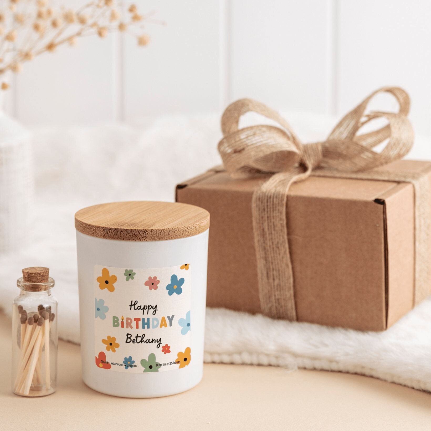 Personalised Happy Birthday Scented Candle with Name, Birthday Gift for Her Him, Colourful Flowers, Floral Birthday Present Girl Teenage