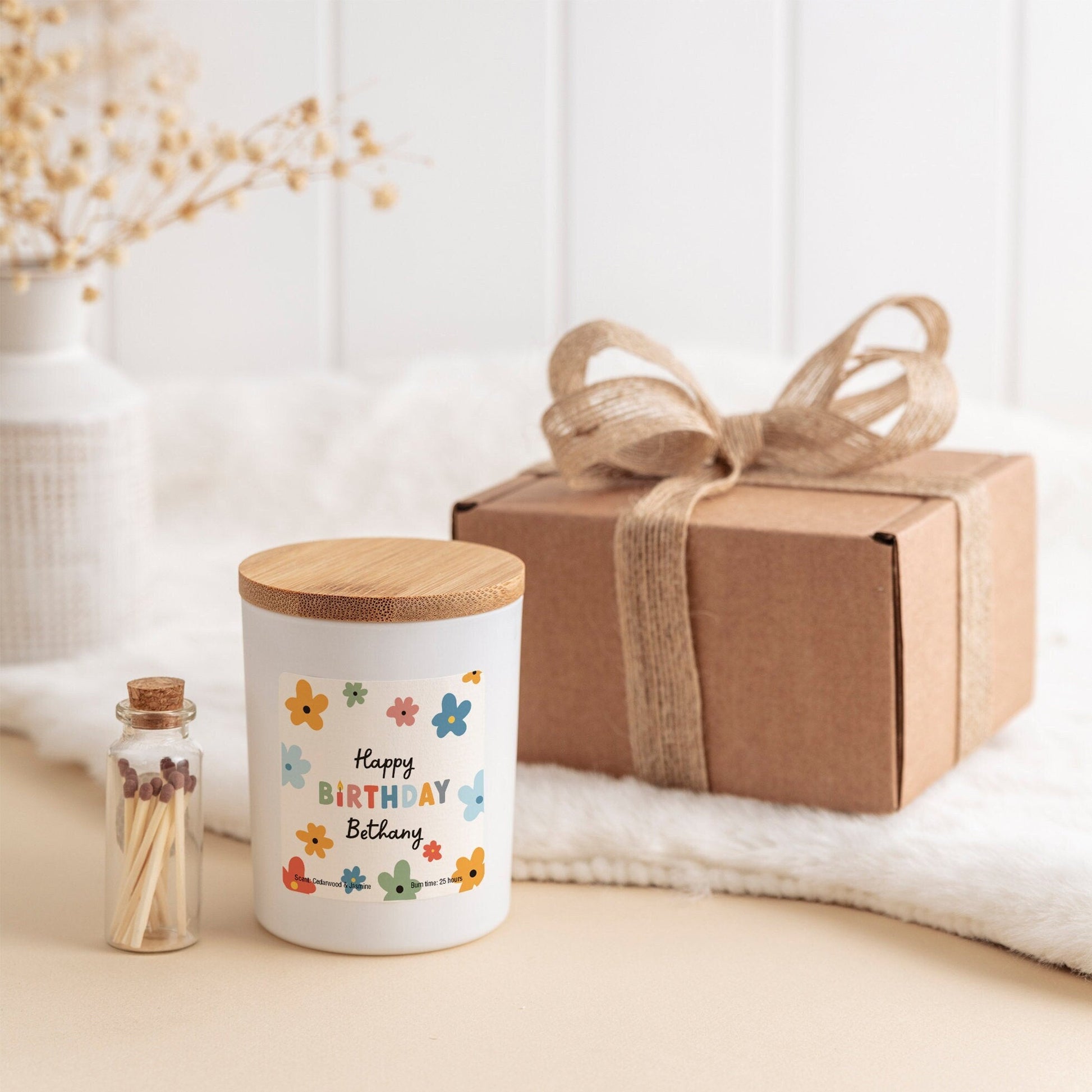 Personalised Happy Birthday Scented Candle with Name, Birthday Gift for Her Him, Colourful Flowers, Floral Birthday Present Girl Teenage