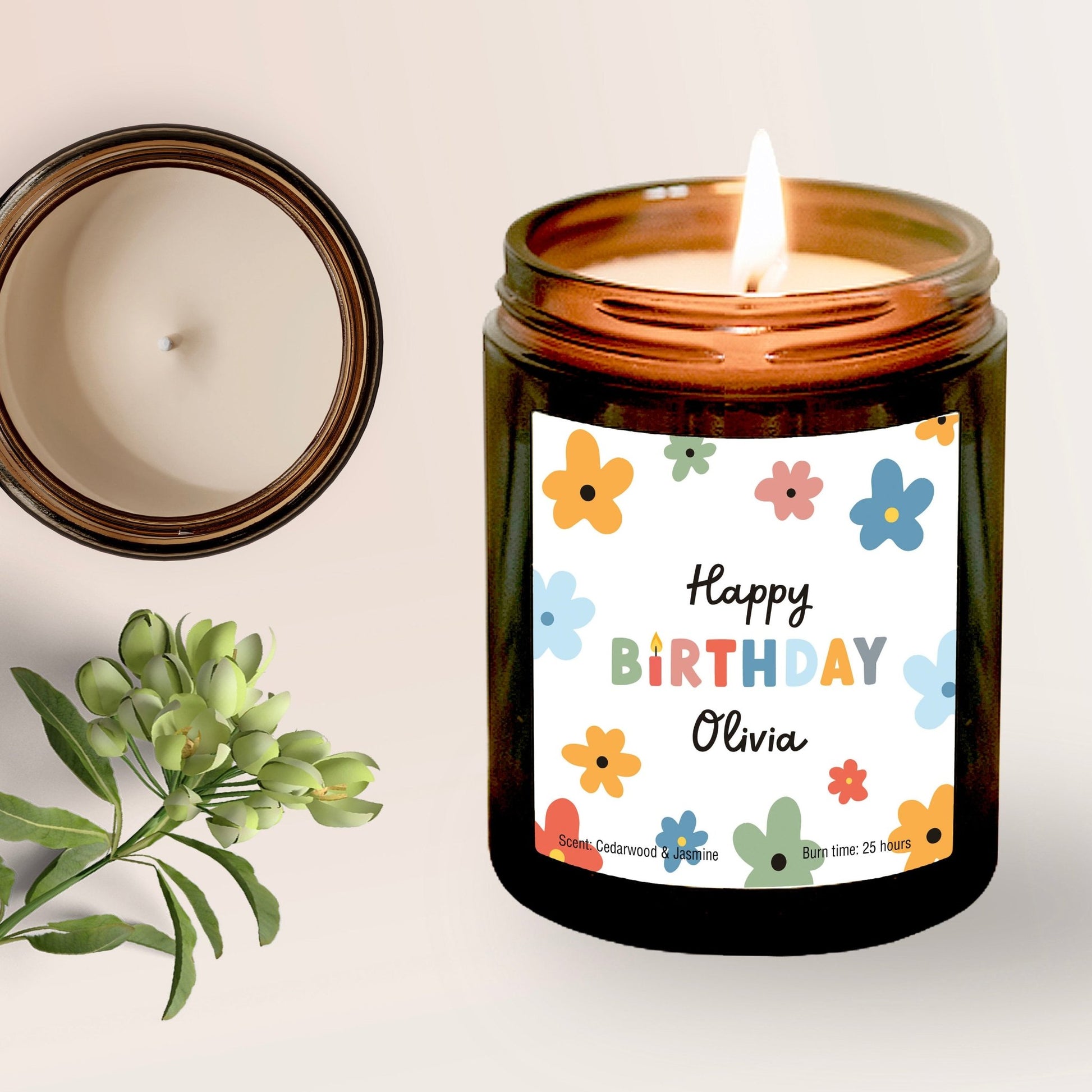 Personalised Happy Birthday Scented Candle with Name, Birthday Gift for Her Him, Colourful Flowers, Floral Birthday Present Girl Teenage