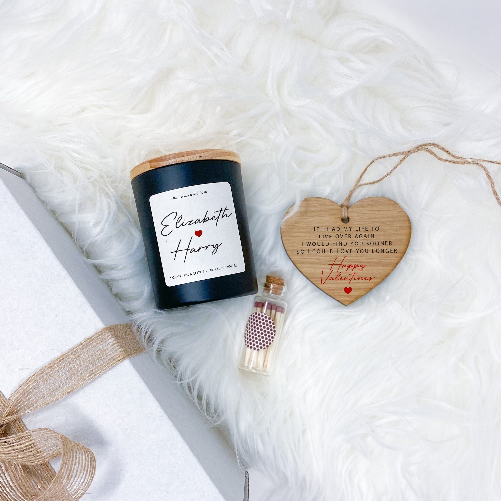 Personalised love themed candle with wooden heart with couple names Gift for her Valentines Day Christmas Birthday Wife Girlfriend Fiancee