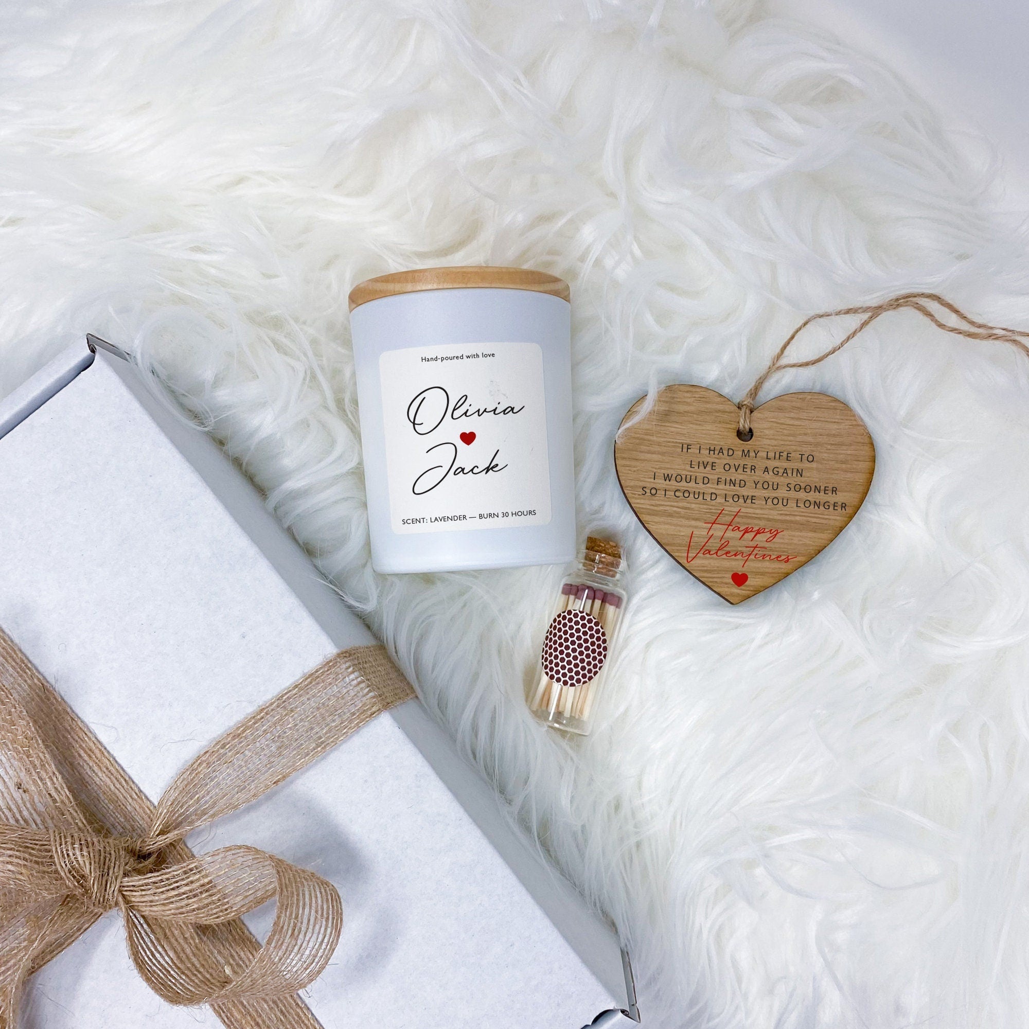 Personalised love themed candle with wooden heart with couple names Gift for her Valentines Day Christmas Birthday Wife Girlfriend Fiancee