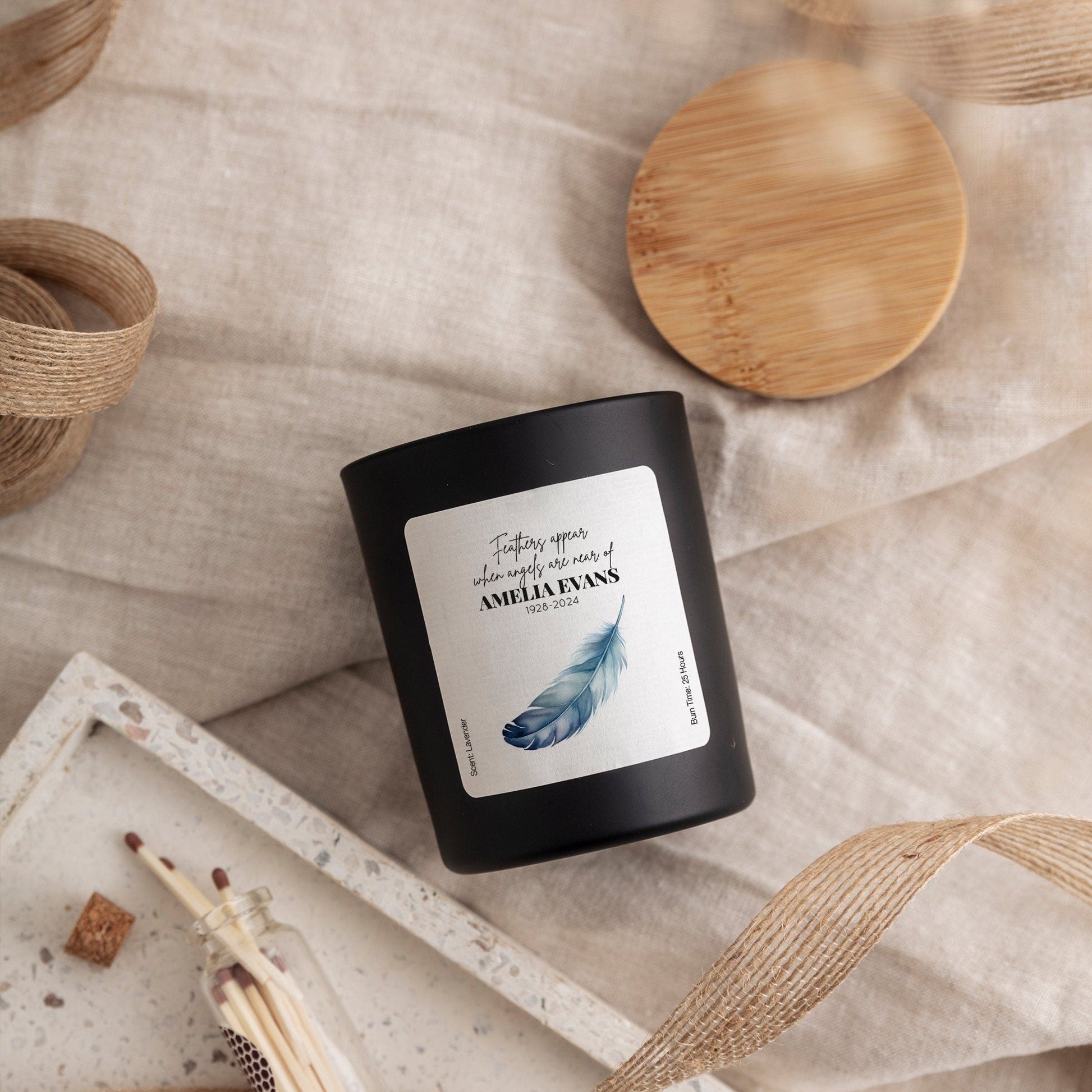 Personalised Memorial Scented Candle, Feathers appear when angels are near, Remembrance Gift, Sympathy Gift Bereavement Mourning Keepsake