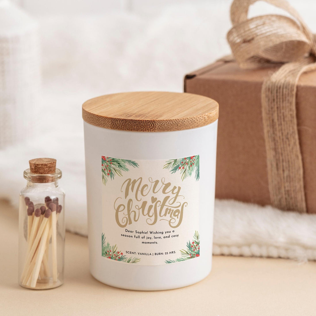 Personalised Merry Christmas Candle FREE GIFT BOX Vegan Soy Wax Candle with Matches Custom Xmas Present for Her or Him
