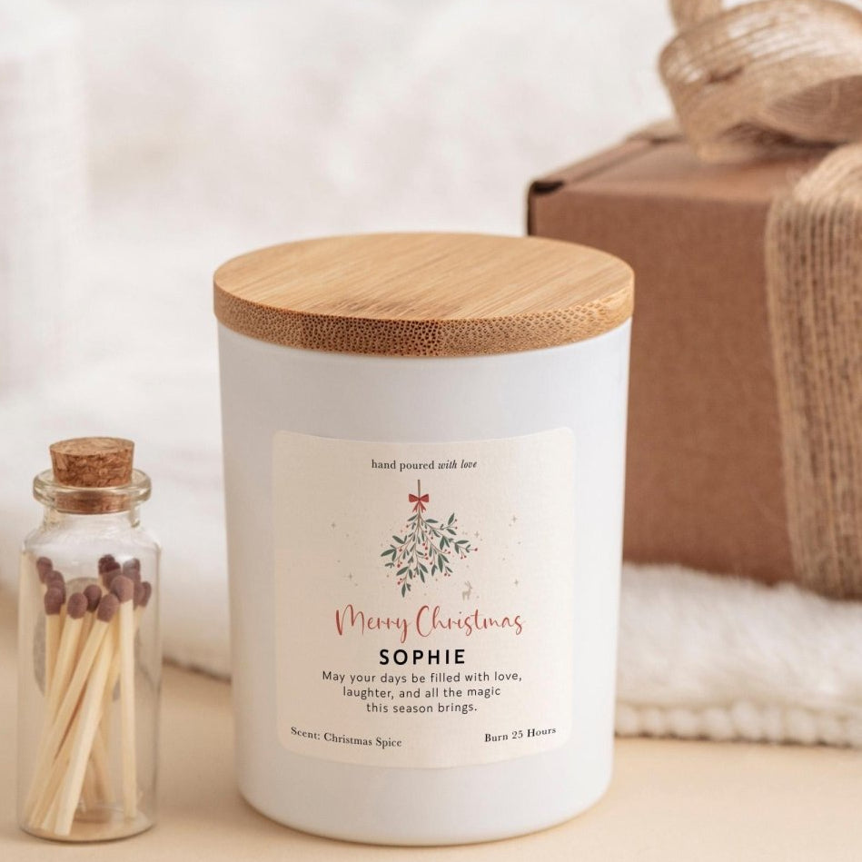 Personalised Merry Christmas Candle Gift for Her Custom Name Festive Candle Set with Matches