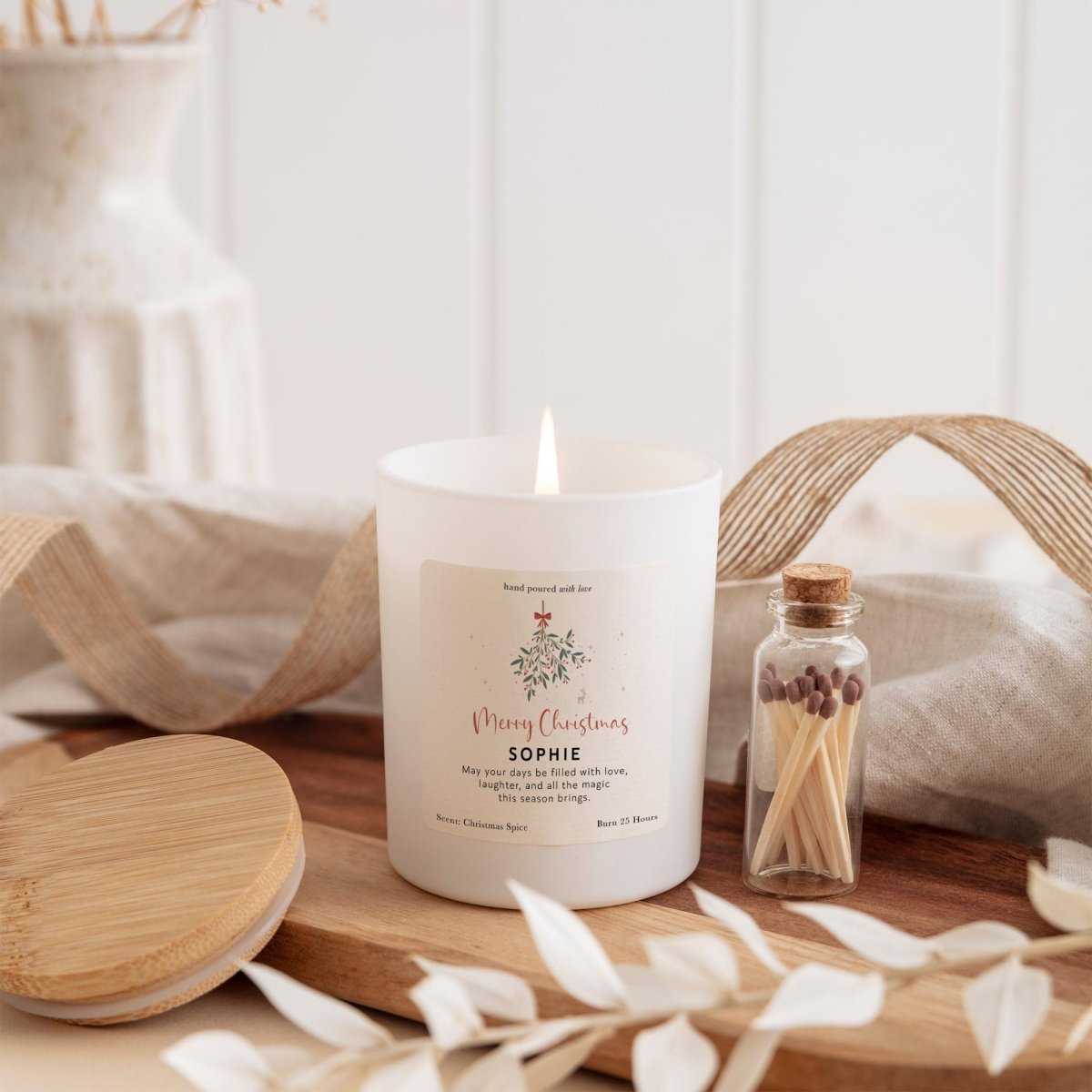 Personalised Merry Christmas Candle Gift for Her Custom Name Festive Candle Set with Matches
