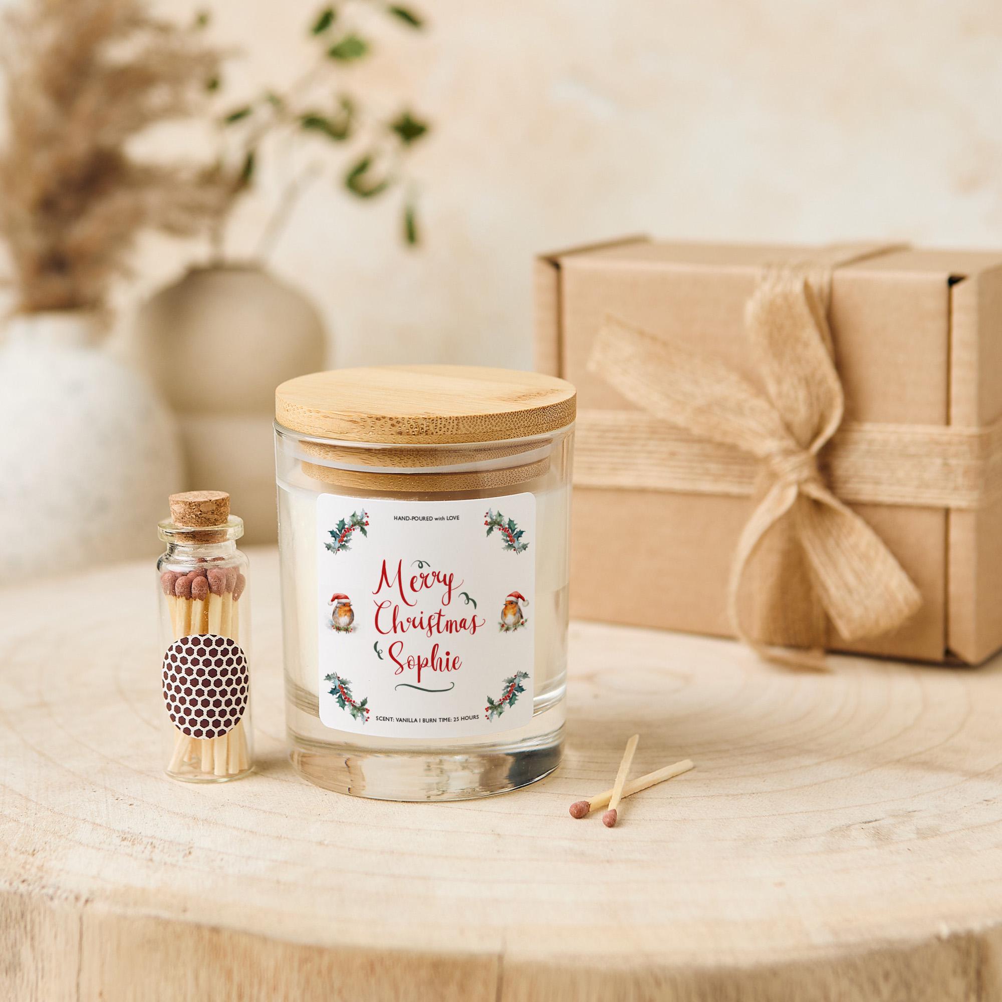 Personalised Merry Christmas Candle Gift for Her Mum Nanny Friend Colleague Employe Vegan Soy Wax - Free Gift Package and Mini Matches Jar
