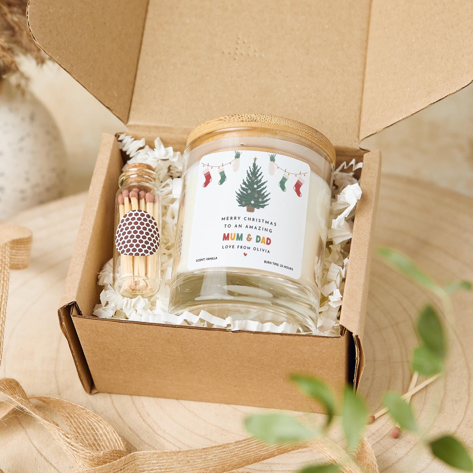 Personalised Merry Christmas Candle Gift Set for Mum & Dad Vegan Soy Wax Candle Free Gift Package and Mini Matches Jar