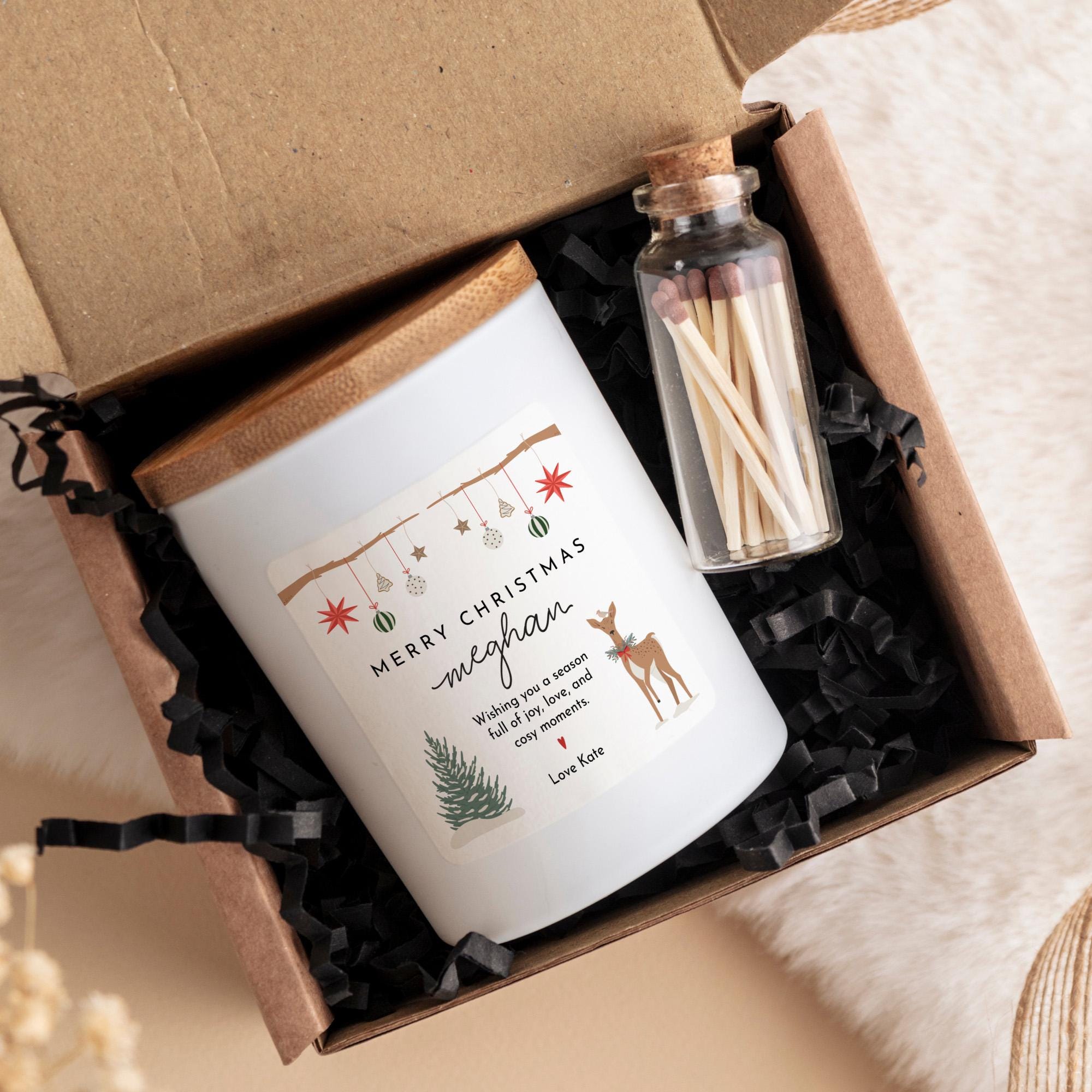 Personalised Merry Christmas Candle Gift with Your Text Vegan Soy Wax Candle with Deer & Baubles Design Xmas Present for Her or Him
