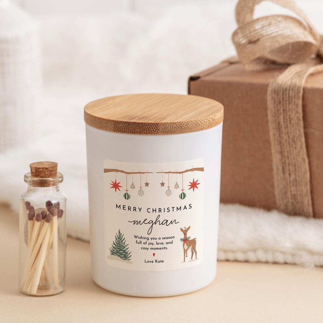 Personalised Merry Christmas Candle Gift with Your Text Vegan Soy Wax Candle with Deer & Baubles Design Xmas Present for Her or Him