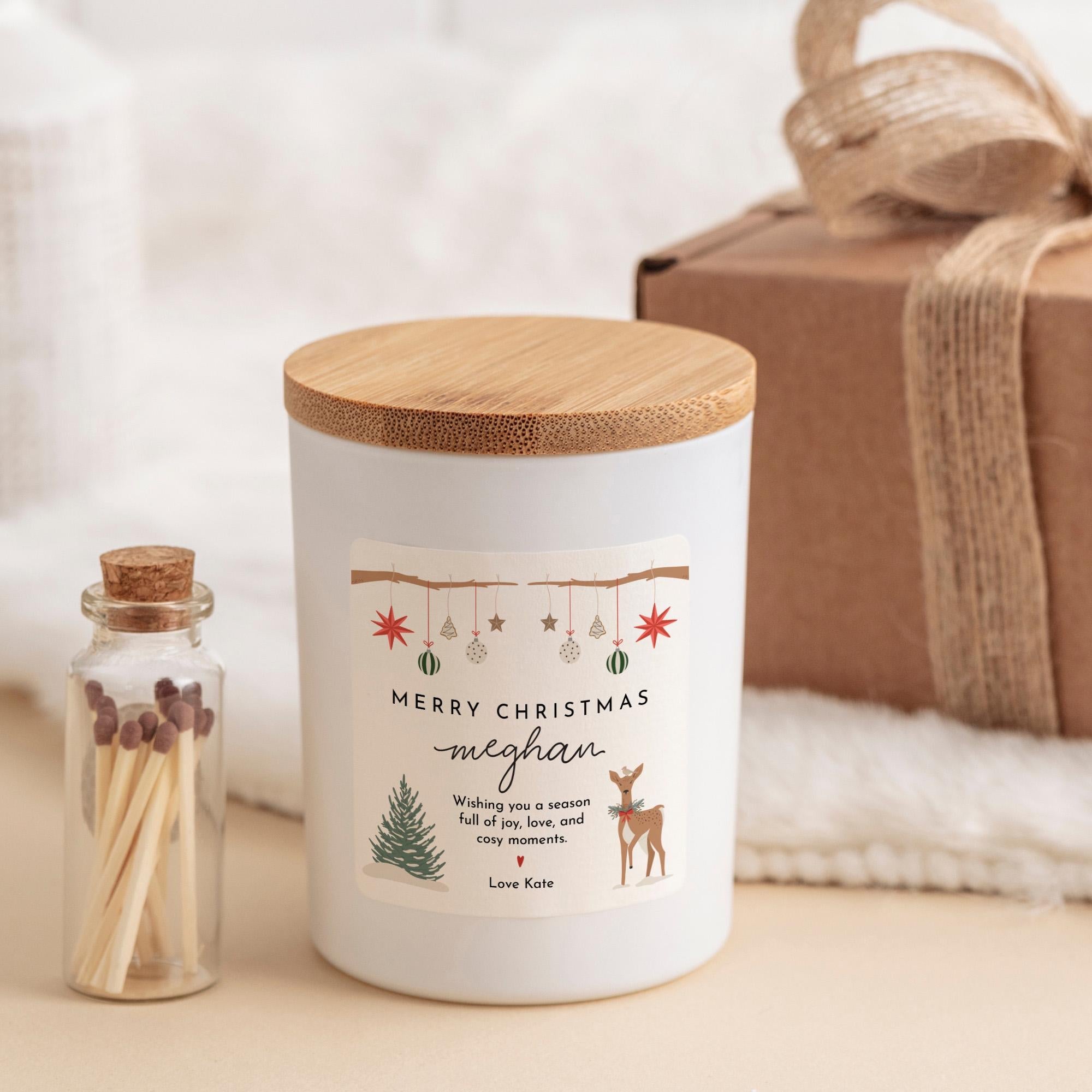 Personalised Merry Christmas Candle Gift with Your Text Vegan Soy Wax Candle with Deer & Baubles Design Xmas Present for Her or Him