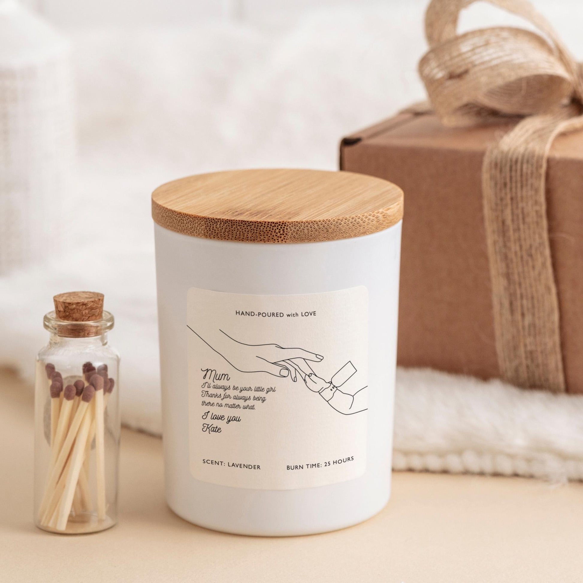 Personalised Mum Candle Gift Set From Daughter Or Son With Hand Line Drawing Mother's Day Birthday Christmas Keepsake With Matches