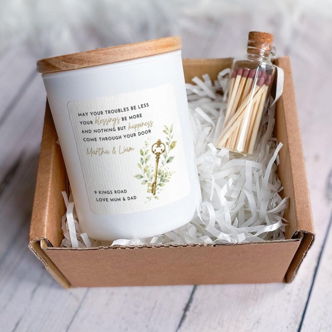 Personalised New Home Candle with Ribbon Tied Gift Box and Matches Jar Housewarming Gift
