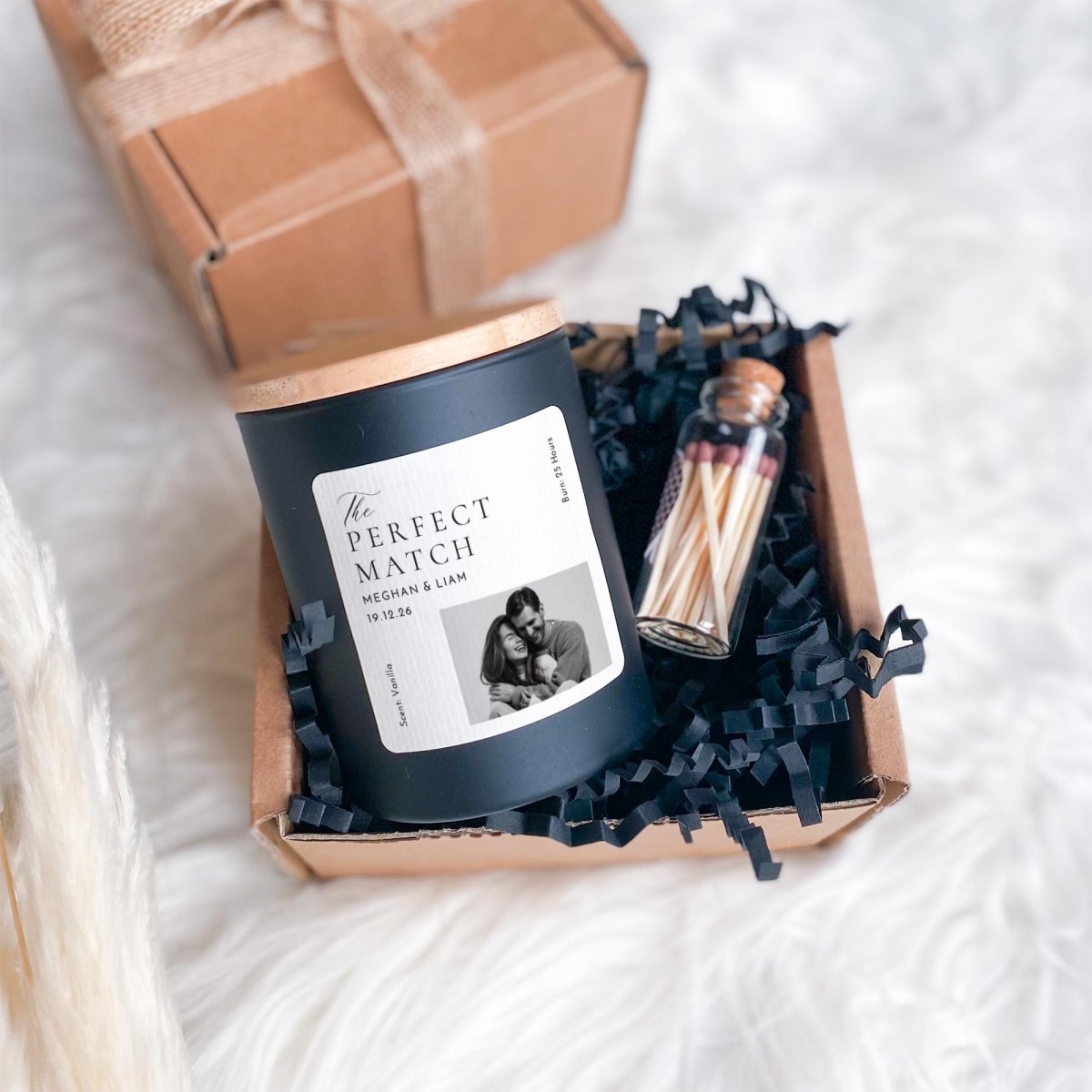 Personalised Photo Candle with Ribbon Tied Gift Box and Matches Jar, Couples Present