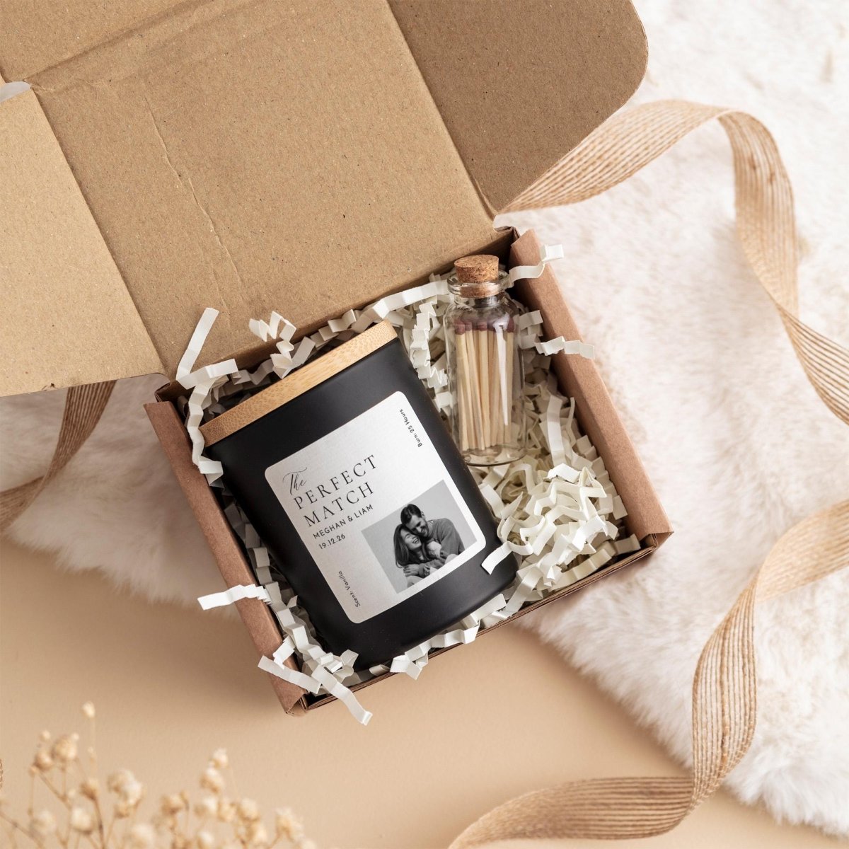 Personalised Photo Candle with Ribbon Tied Gift Box and Matches Jar, Couples Present