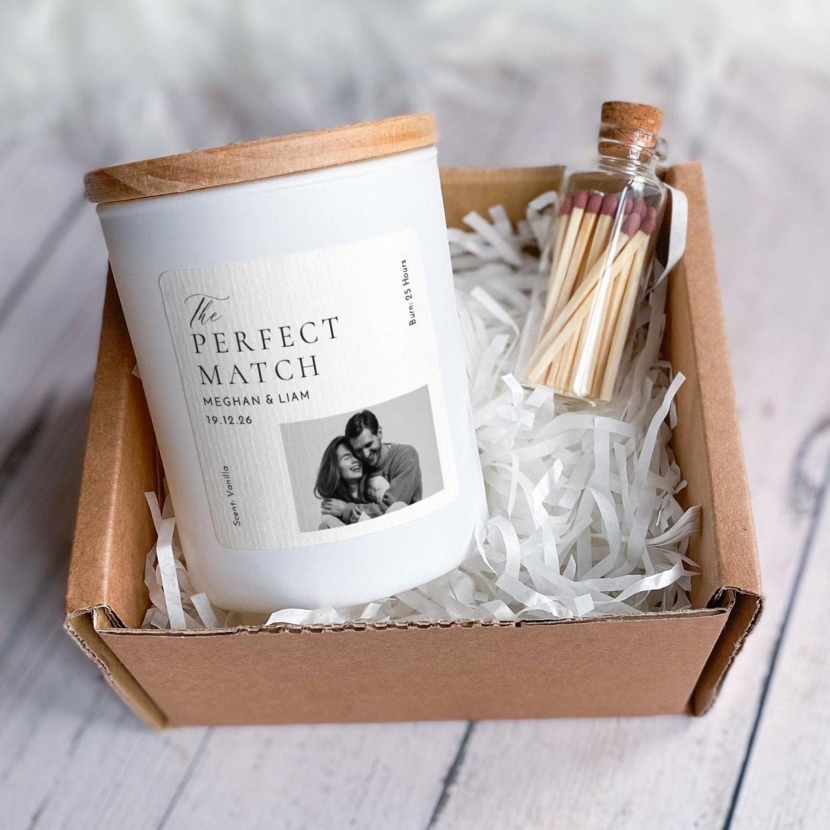 Personalised Photo Candle with Ribbon Tied Gift Box and Matches Jar, Couples Present