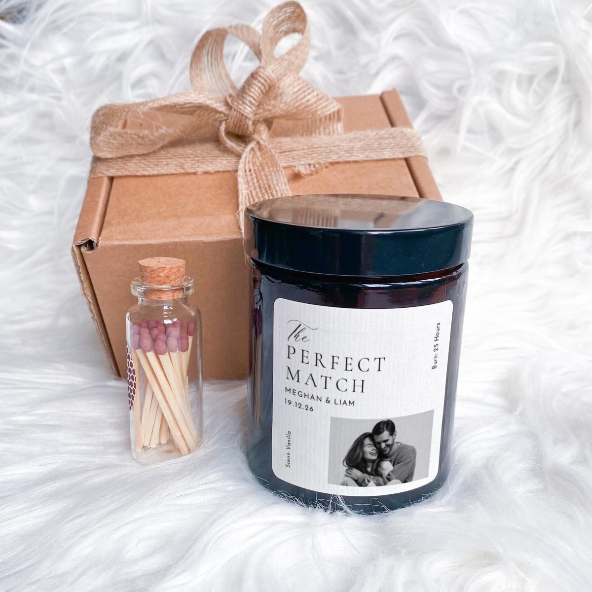 Personalised Photo Candle with Ribbon Tied Gift Box and Matches Jar, Couples Present