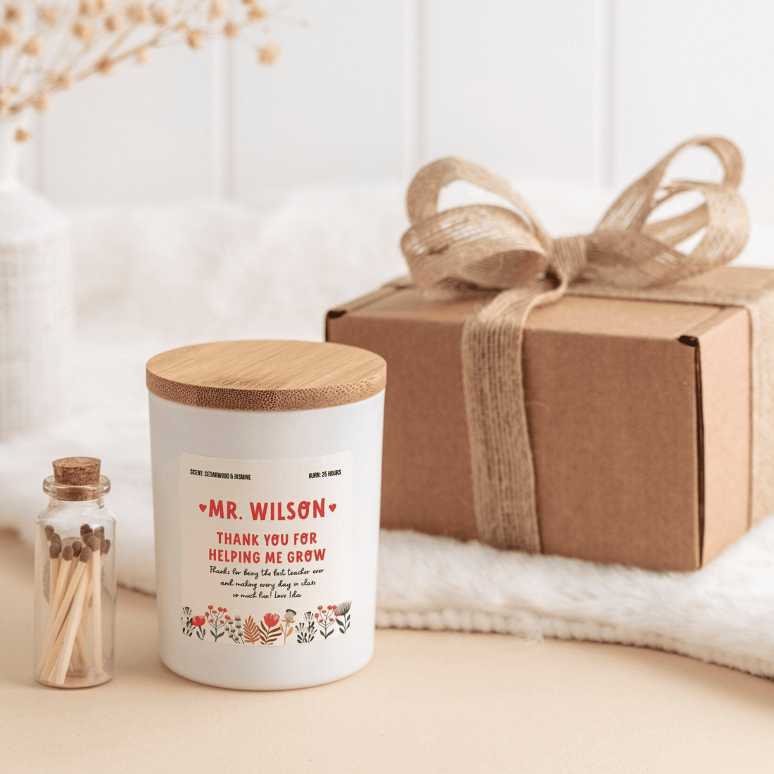 Personalised scented candle for teacher with your text, FREE GIFT PACKAGE and mini matches jar Thank you for helping me grow End of term