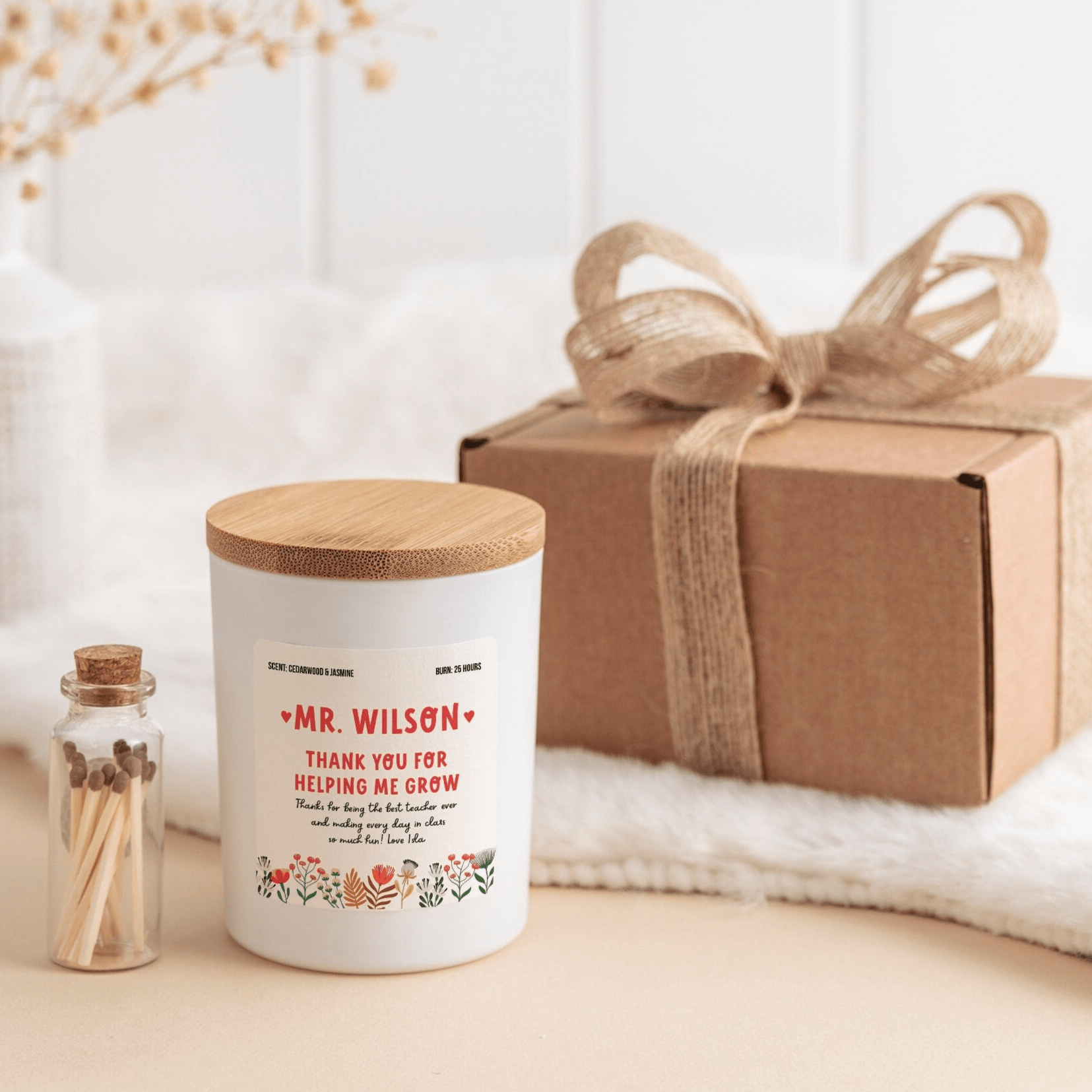 Personalised scented candle for teacher with your text, FREE GIFT PACKAGE and mini matches jar Thank you for helping me grow End of term