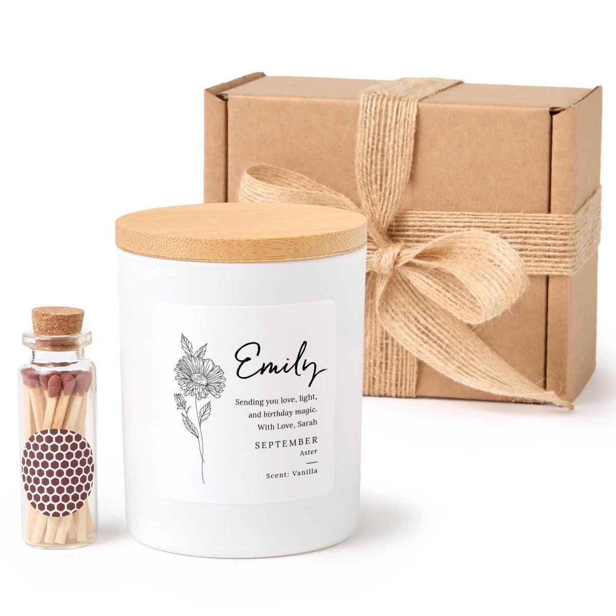 Personalised September Birthday Flower Candle Gift Set – Aster Design – Birthday Gift for her