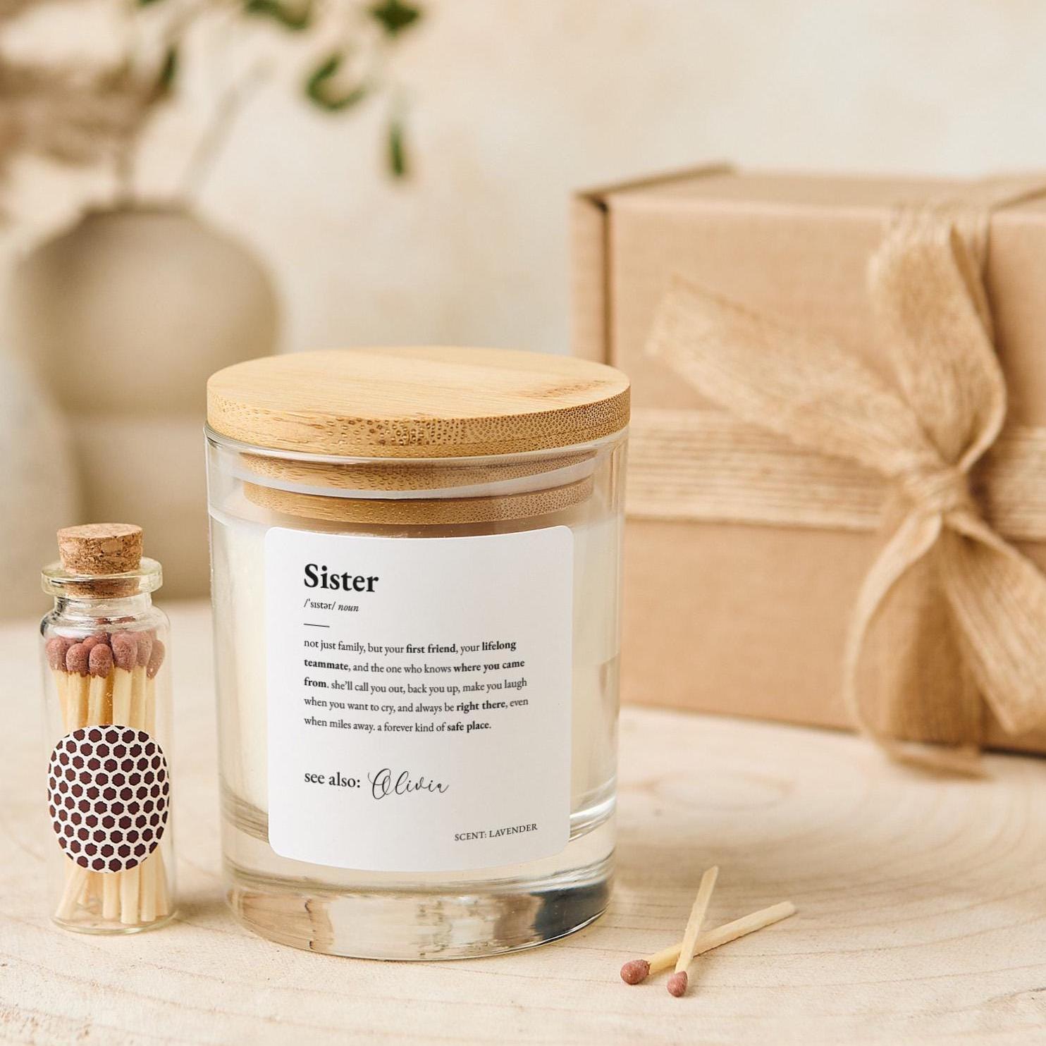 Personalised Sister Candle Gift with Definition Text Thoughtful Custom Keepsake for Birthday Christmas Present for Her Little Sis Big Sis