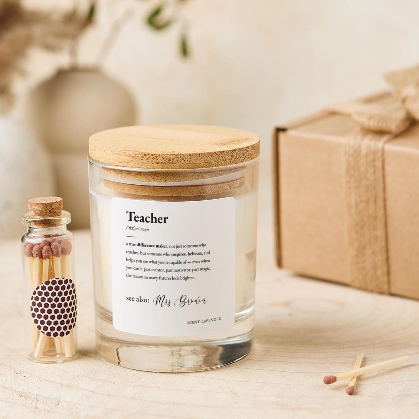 Personalised Teacher Candle Gift Set FREE GIFT BOX Teacher Definition Keepsake for End of Term Christmas or Teacher’s Day Year End Present