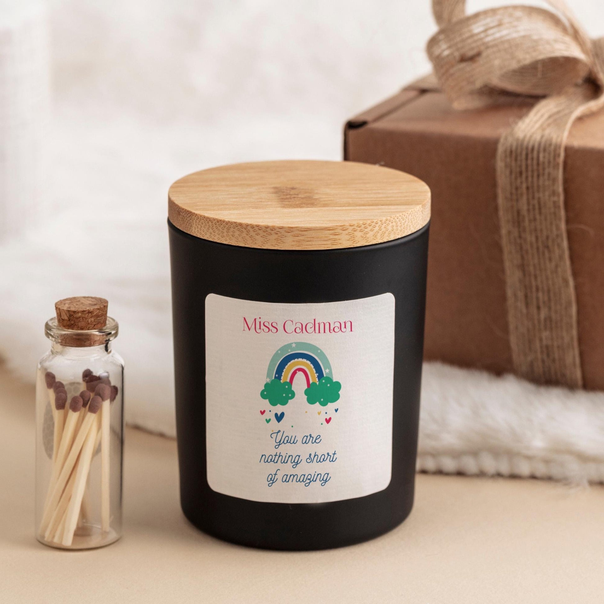 Personalised Teacher Candle Gift Set with Rainbow End of Term Thank You Present FREE Gift Wrap & Matches