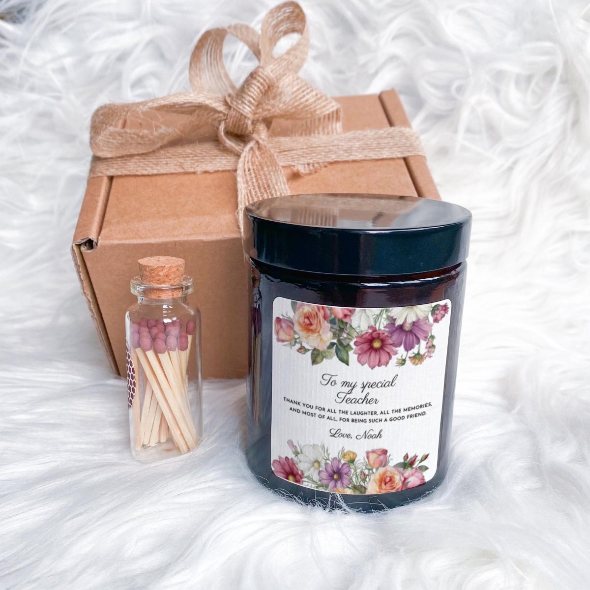 Personalised Teacher Candle Gift, with Ribboned Box and Matches Jar, Thank You Keepsake