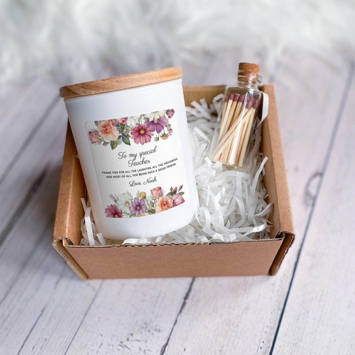 Personalised Teacher Candle Gift, with Ribboned Box and Matches Jar, Thank You Keepsake