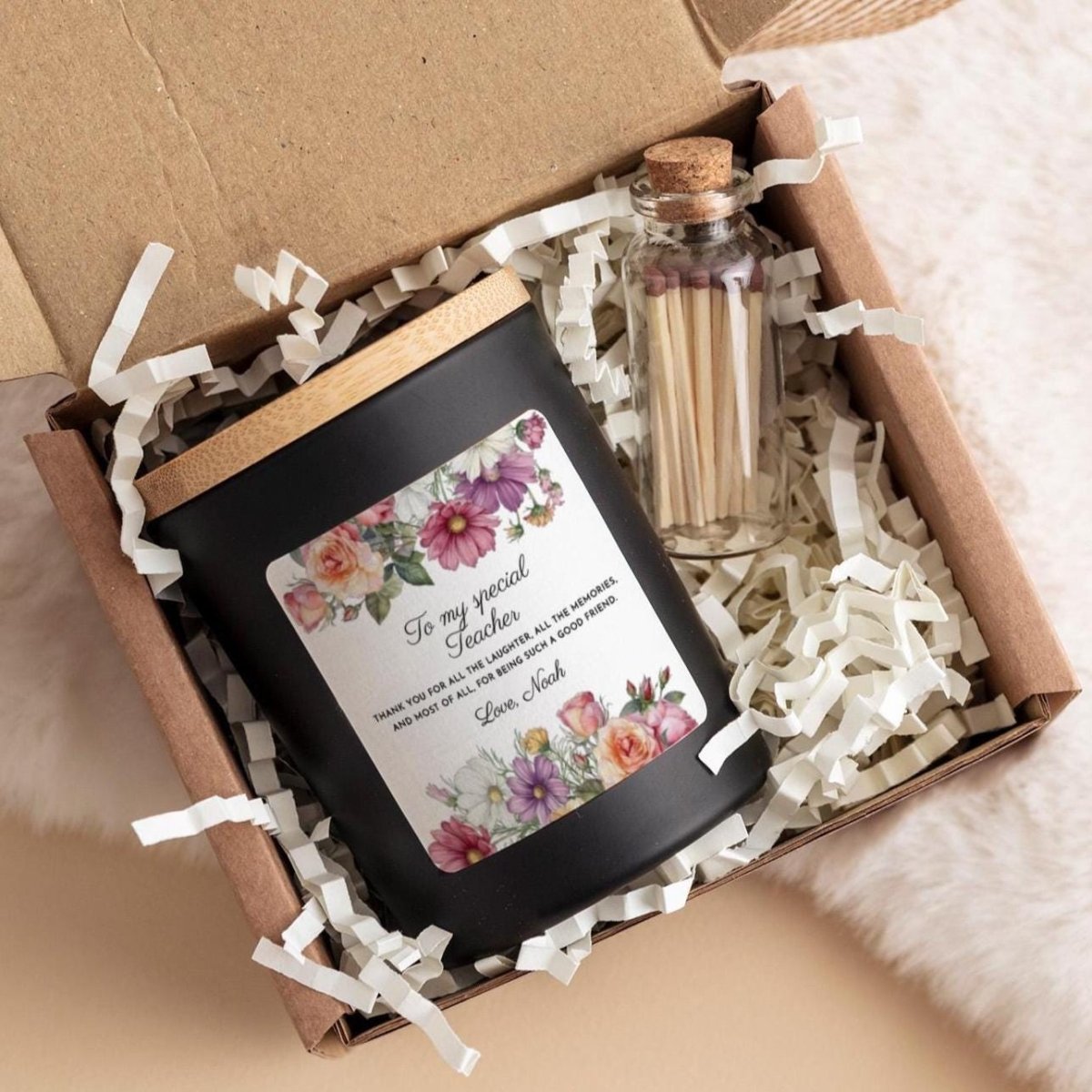 Personalised Teacher Candle Gift, with Ribboned Box and Matches Jar, Thank You Keepsake