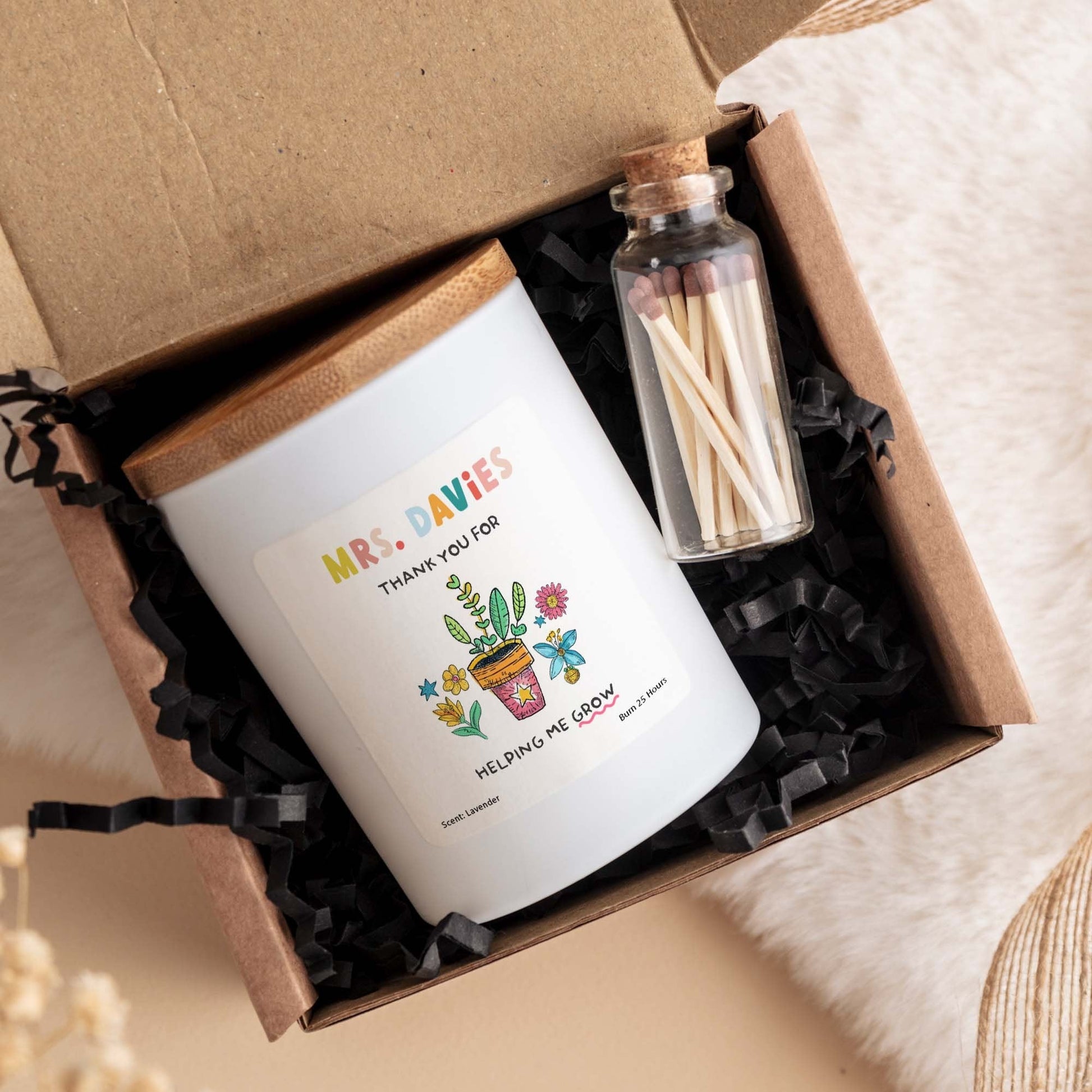 Personalised teacher gift Scented candle FREE GIFT PACKAGE w matches Thank you for helping me grow End of year Nursery Primary Appreciation
