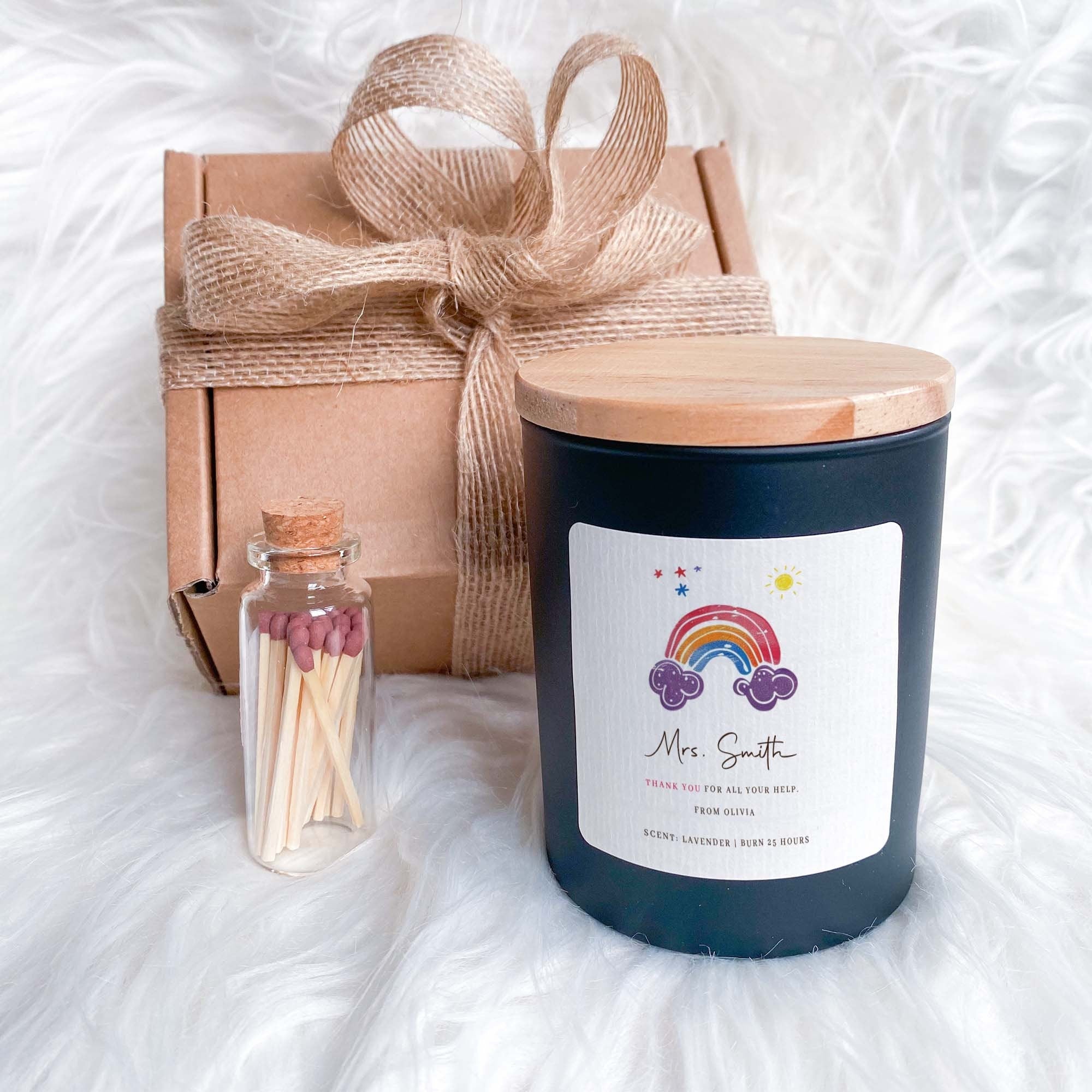 Personalised teacher scented candle with teacher's and student name FREE GIFT PACKAGE mini matches jar Thank you Teacher Appreciation gift