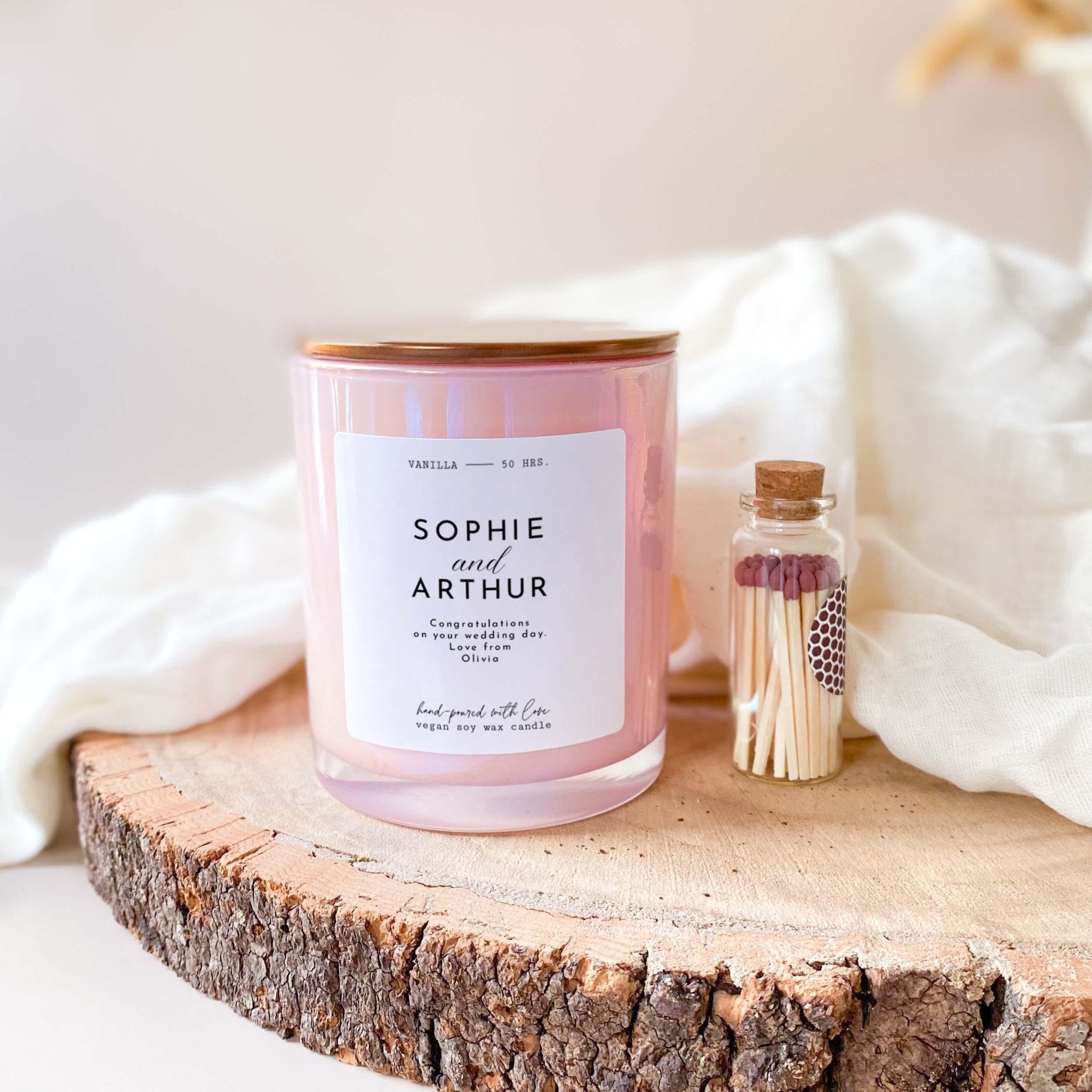 Personalised wedding candle with bride and groom's name Scented candle gift set with matches Congratulation on your wedding day Newlywed