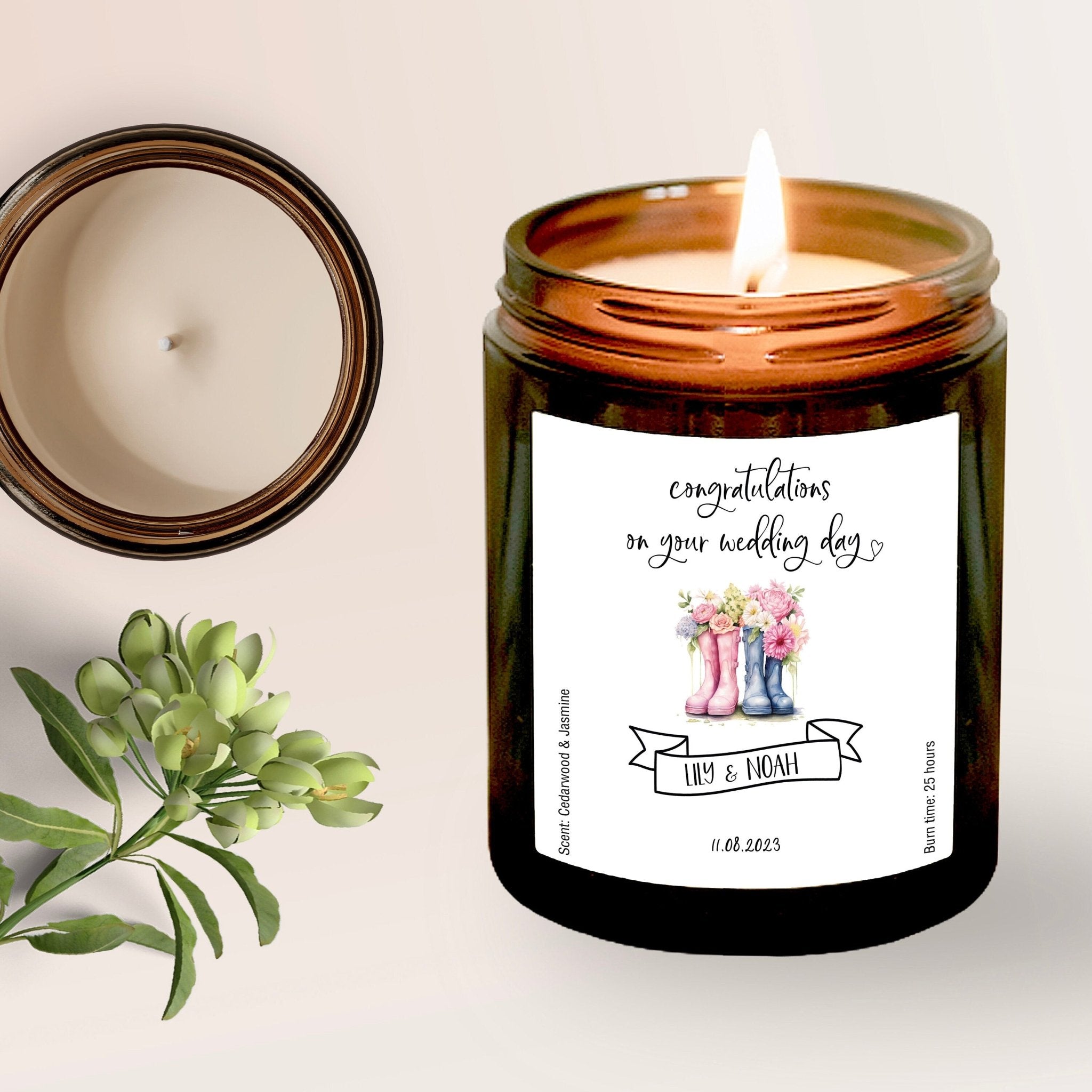 Personalised Wedding Gift Soy Wax Scented Candle, Welly Boots Design, With date and couple's names, Mr Mrs Wellington Boot Wedding Day