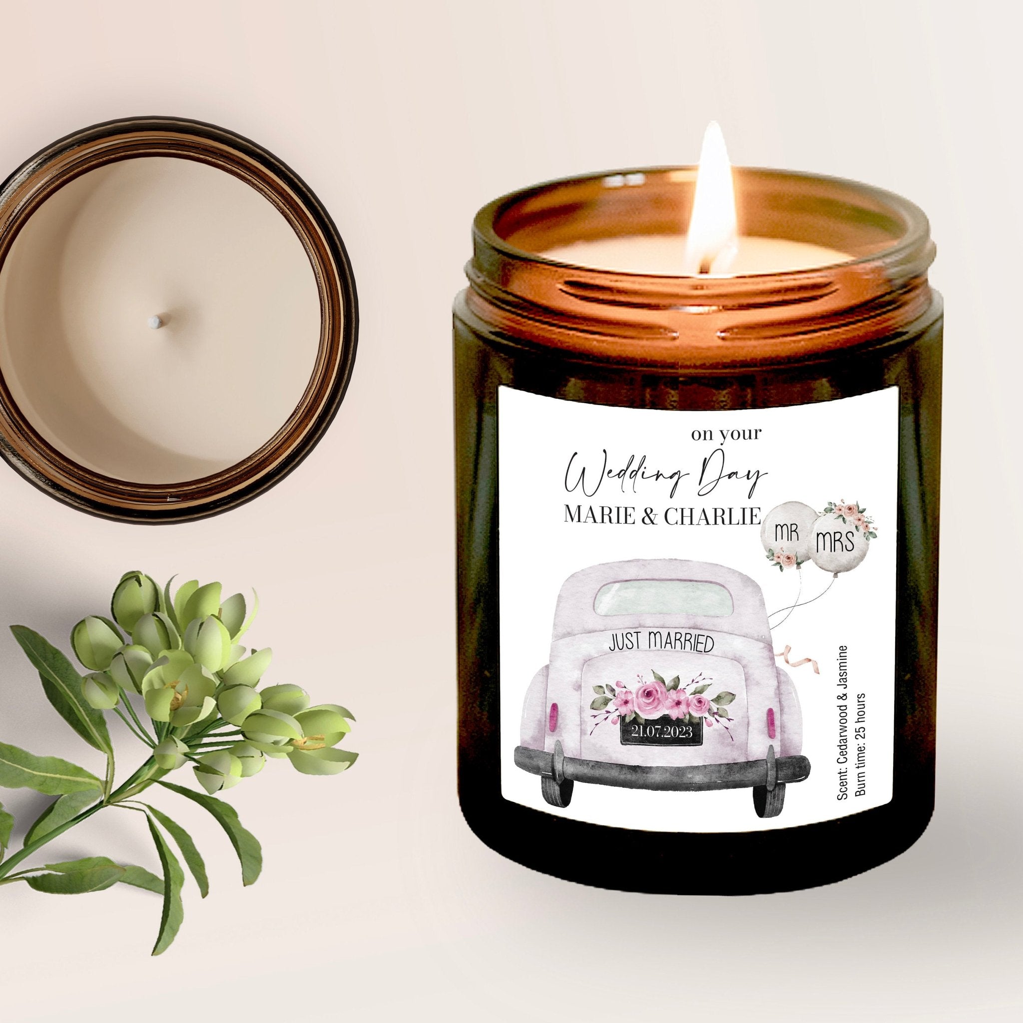 Personalised Wedding Gift Soy Wax Scented Candle, With date couple's names, Mr Mrs On Your Wedding Day Hand - Poured Cosy Gift for Newlywed