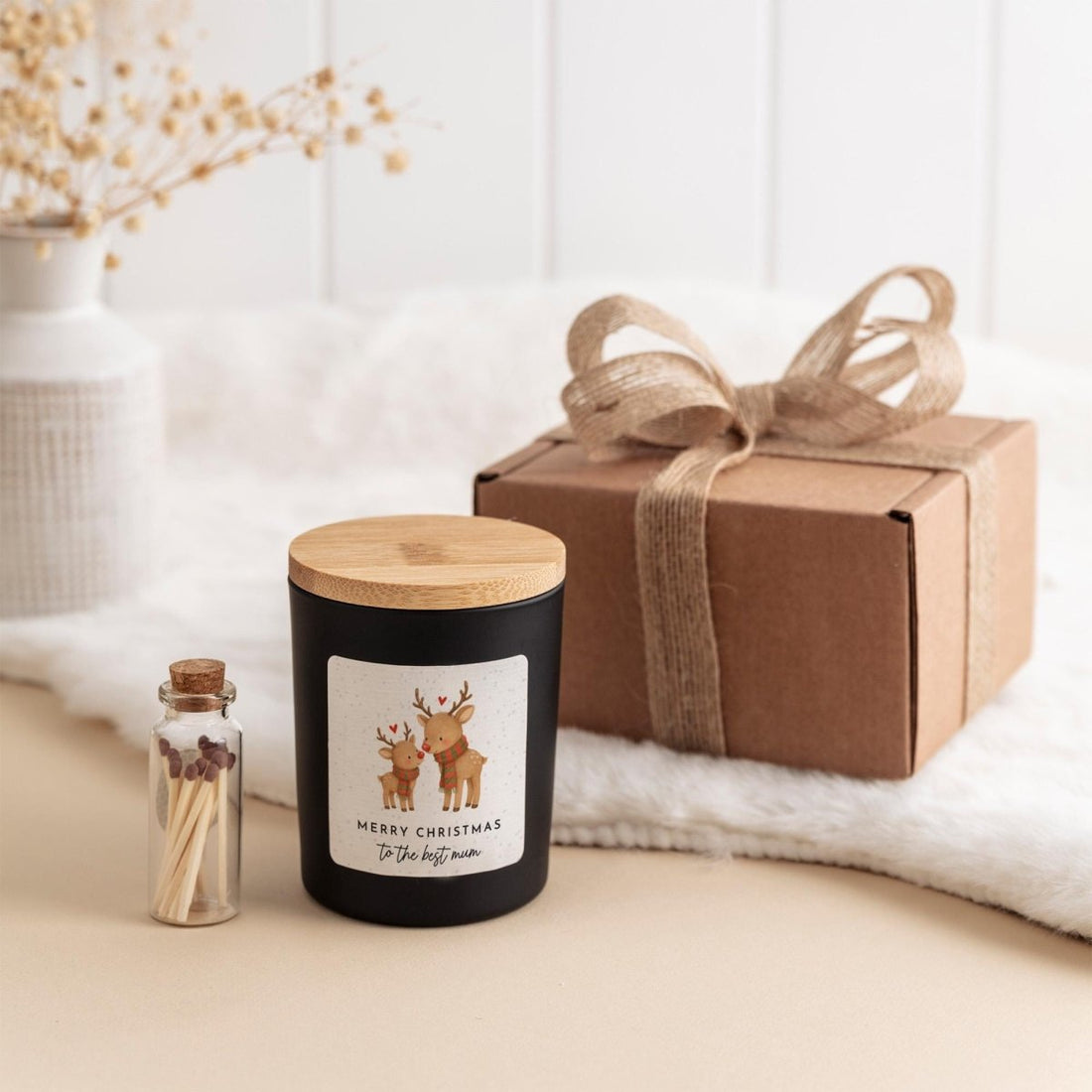 Reindeer Christmas Candle Gift Set for Mum - With Ribbon and Matches Jar