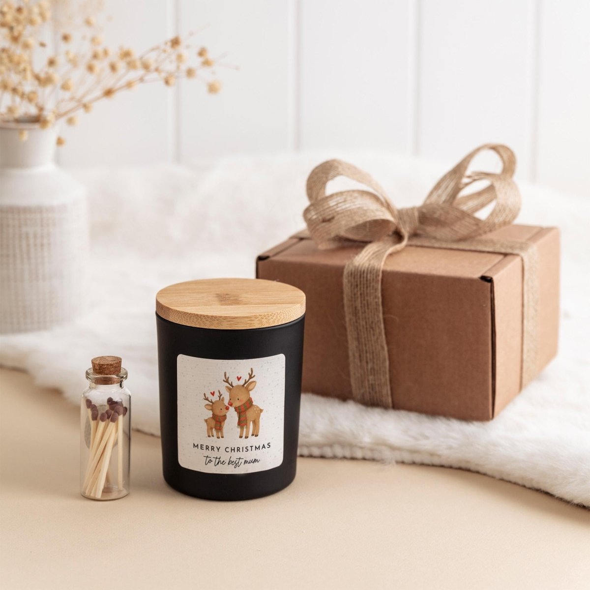 Reindeer Christmas Candle Gift Set for Mum - With Ribbon and Matches Jar