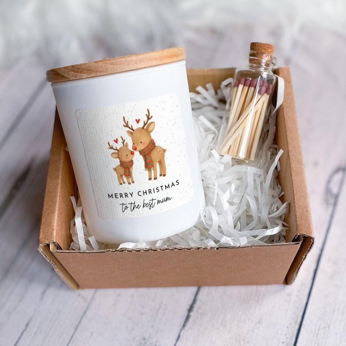 Reindeer Christmas Candle Gift Set for Mum - With Ribbon and Matches Jar