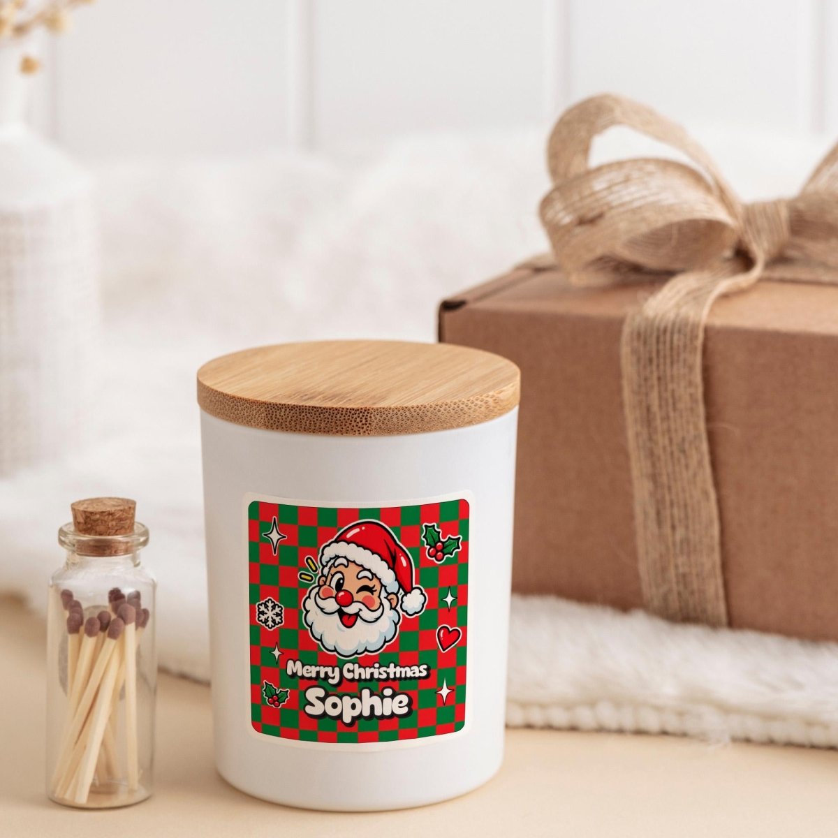 Retro Style Personalised Christmas Candle with Ribbon Tied Gift Box and Matches Jar