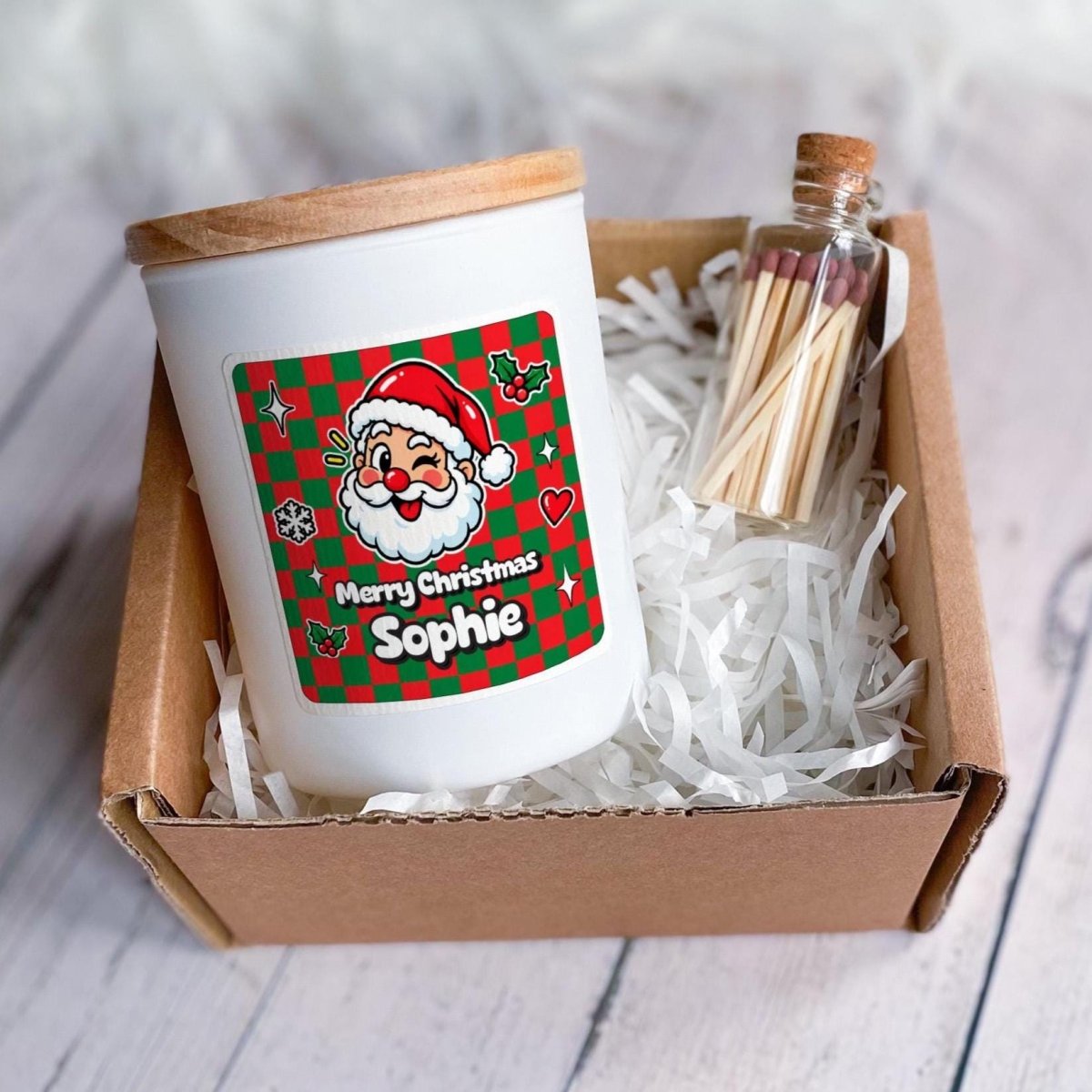 Retro Style Personalised Christmas Candle with Ribbon Tied Gift Box and Matches Jar