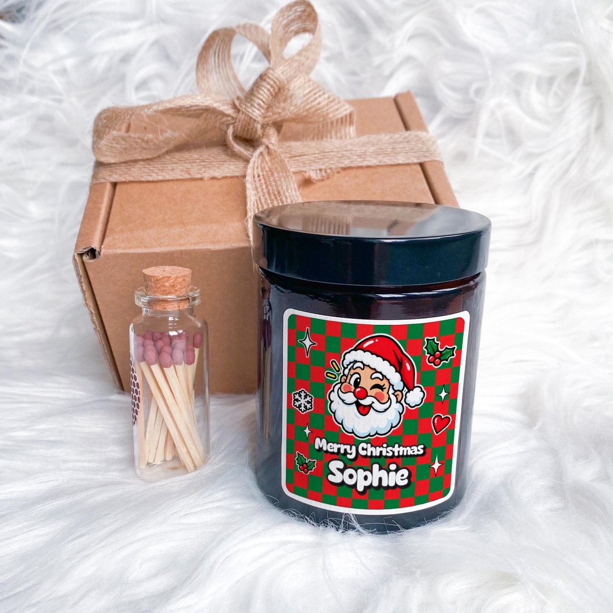 Retro Style Personalised Christmas Candle with Ribbon Tied Gift Box and Matches Jar