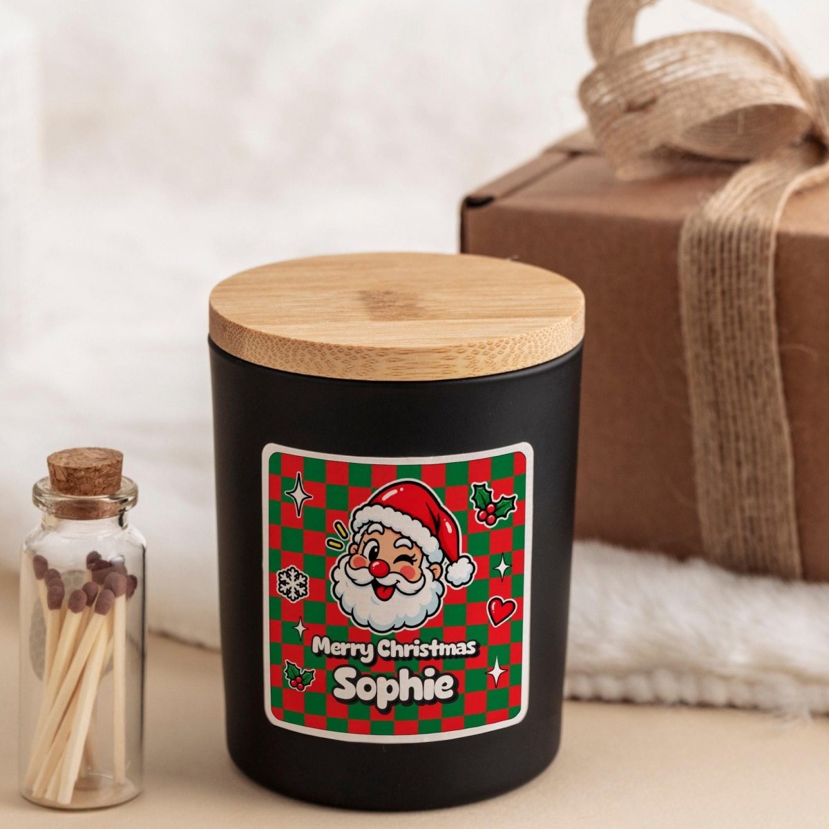 Retro Style Personalised Christmas Candle with Ribbon Tied Gift Box and Matches Jar