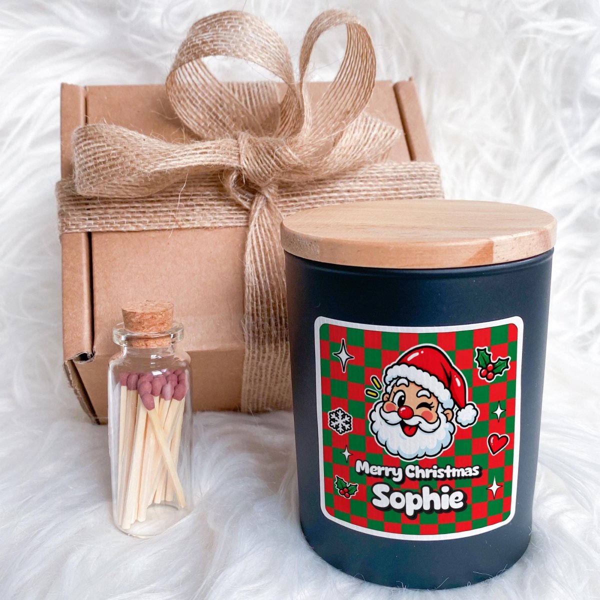 Retro Style Personalised Christmas Candle with Ribbon Tied Gift Box and Matches Jar